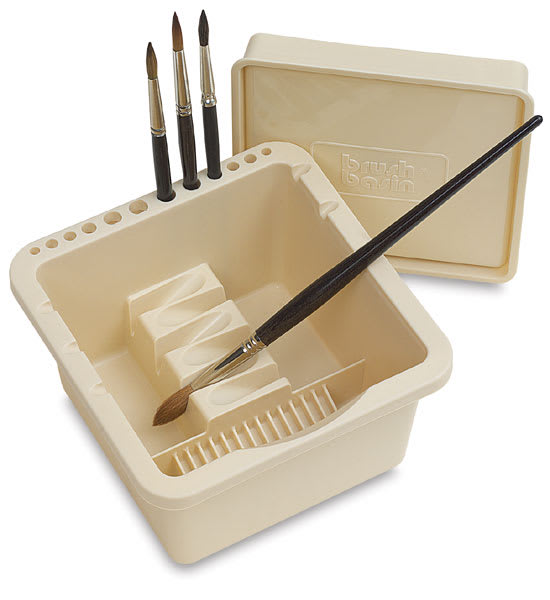 Brush Bin - open with 3 brushes standing in exterior holder and 1 in angled holder for soaking Brush Bin - open with 3 brushes standing in exterior holder and 1 in angled holder for soaking