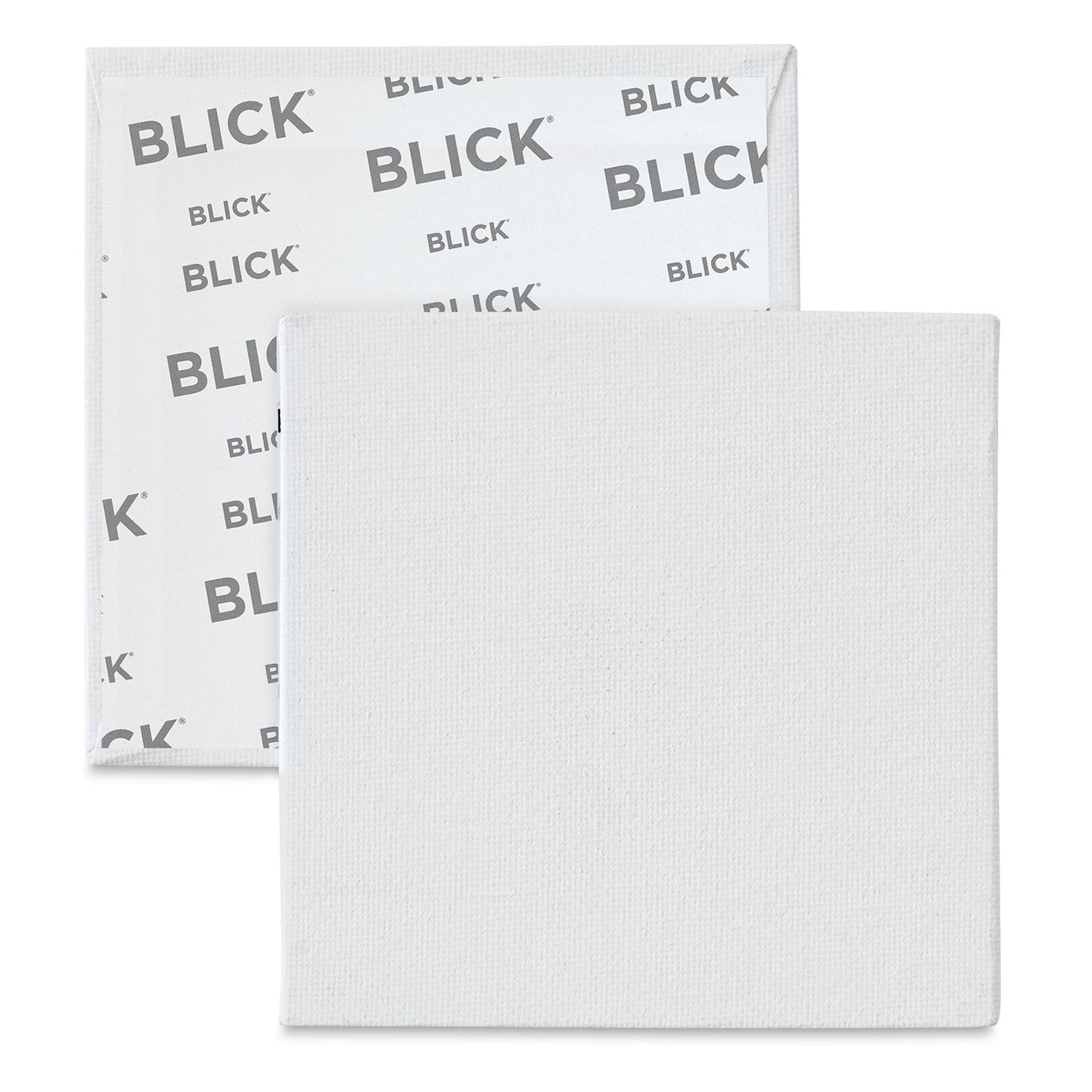 Blick Economy Cotton Canvas Panel Classroom Pack - 4" x 4", Class Pack of 24 - front of panel with partial view of back Blick Economy Cotton Canvas Panel Classroom Pack - 4" x 4", Class Pack of 24 - front of panel with partial view of back