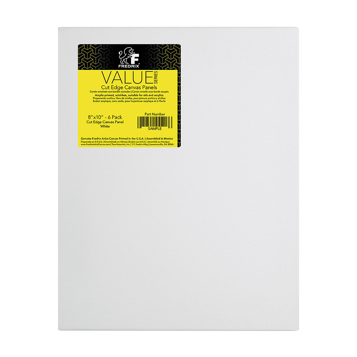 Fredrix Value Series Cut Edge Canvas Panels - Front view of pack of 6 White panels showing label
