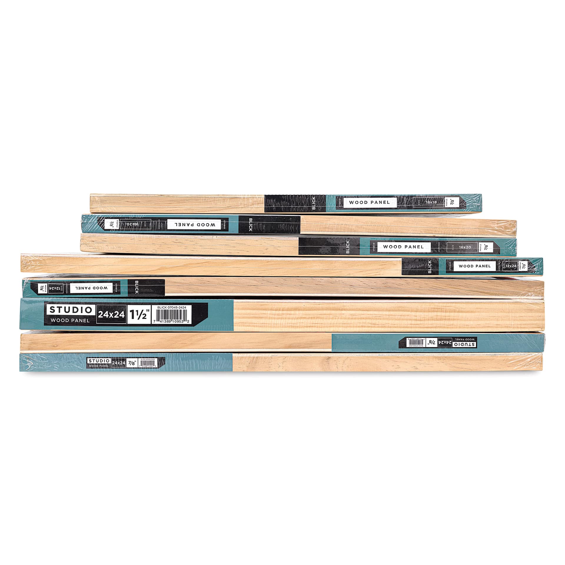 Blick Imperfect Wood Panels, stacked panels with labels