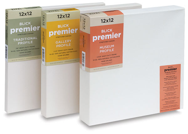 Blick Premier Stretched Cotton Canvases 12" x 12" in Traditional, Gallery and Museum Profiles. Blick Premier Stretched Cotton Canvases 12" x 12" in Traditional, Gallery and Museum Profiles.