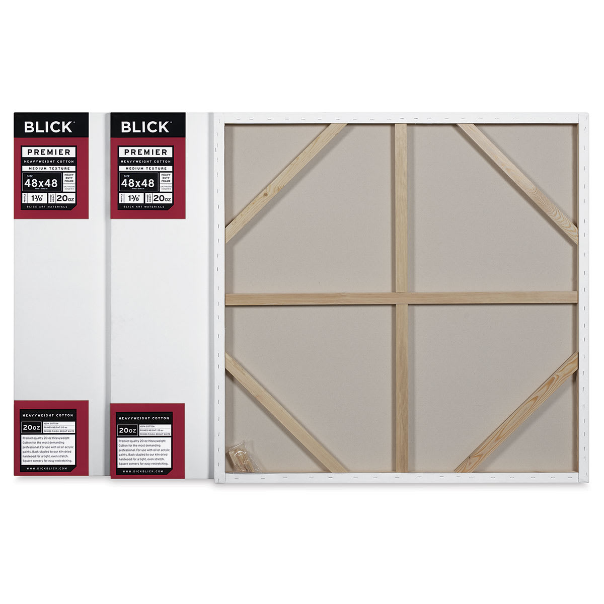 Blick Premier Heavyweight Stretched Cotton Canvas - 48" x 48", 1-3/8" Profile, Pkg of 3 with one showing the back
