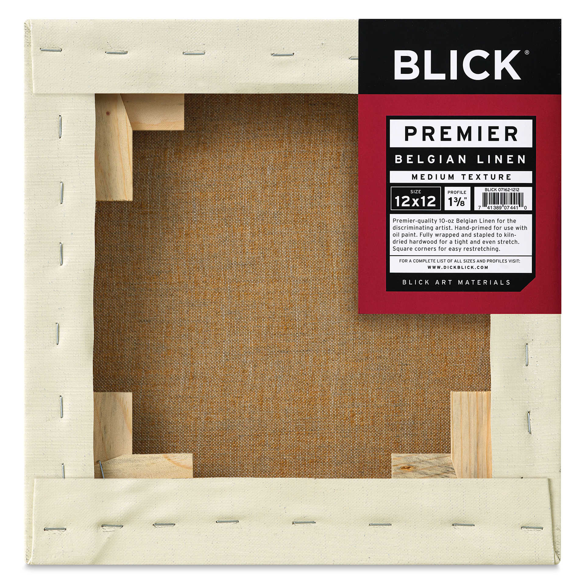 Blick Premier Belgian Linen - 12" x 12", Oil-Primed, 1-3/8" Profile, back with packaging