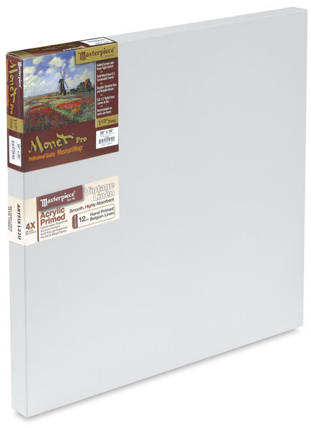 Monet Pro Artfix Acrylic-Primed Linen Canvas - Angled view of 1 1/2" profile canvas with label