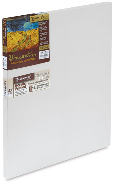 Acrylic-Primed Linen Canvas - Angled view of 7/8" profile with label