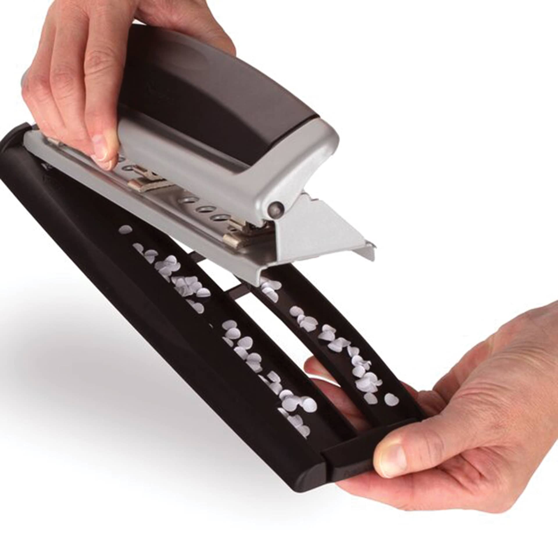 Swingline Precision Pro Desktop Punch with chip tray being removed