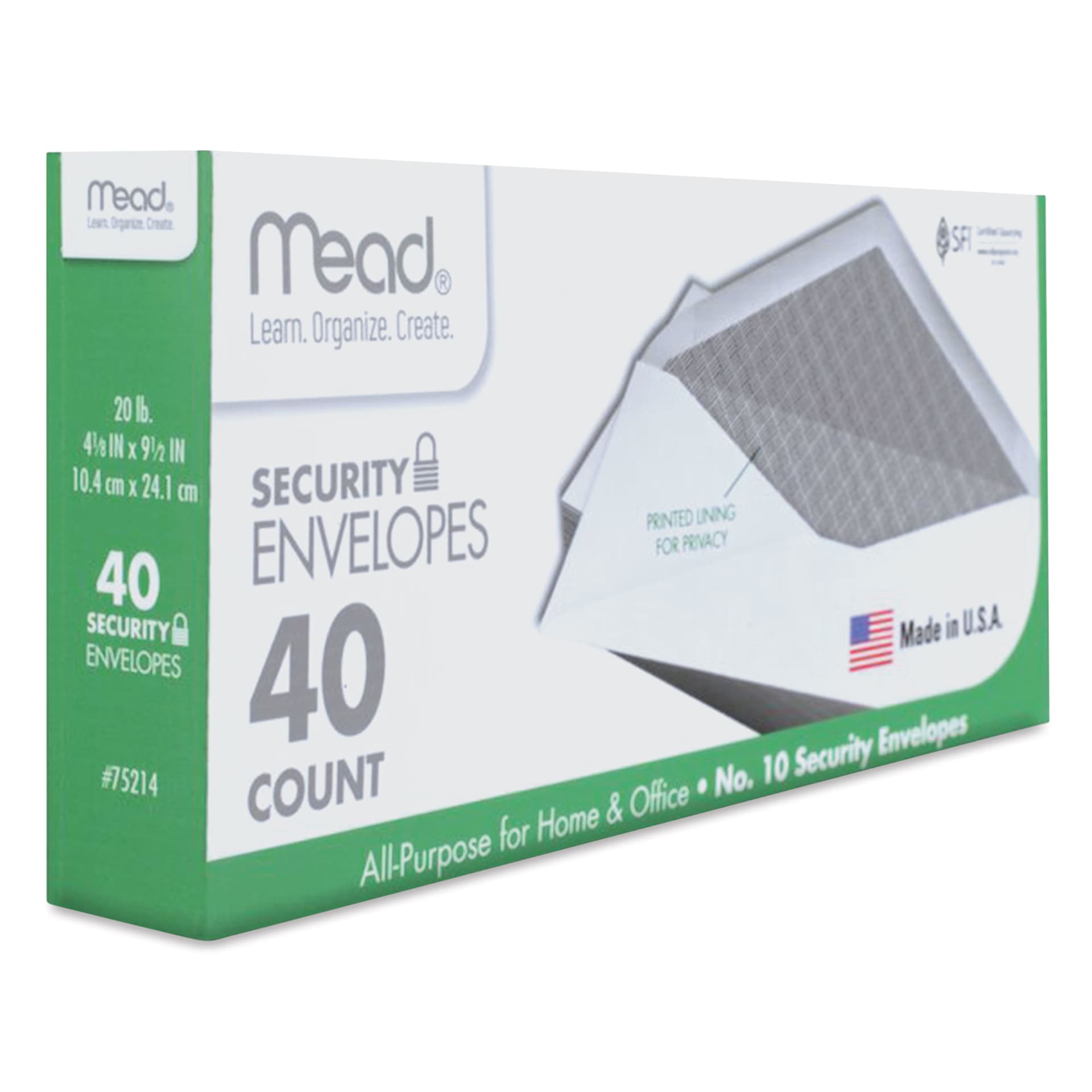 Mead #10 Security Envelopes - Pkg of 40, 20 lb, 4-1/8" x9-1/2 packaging angled view