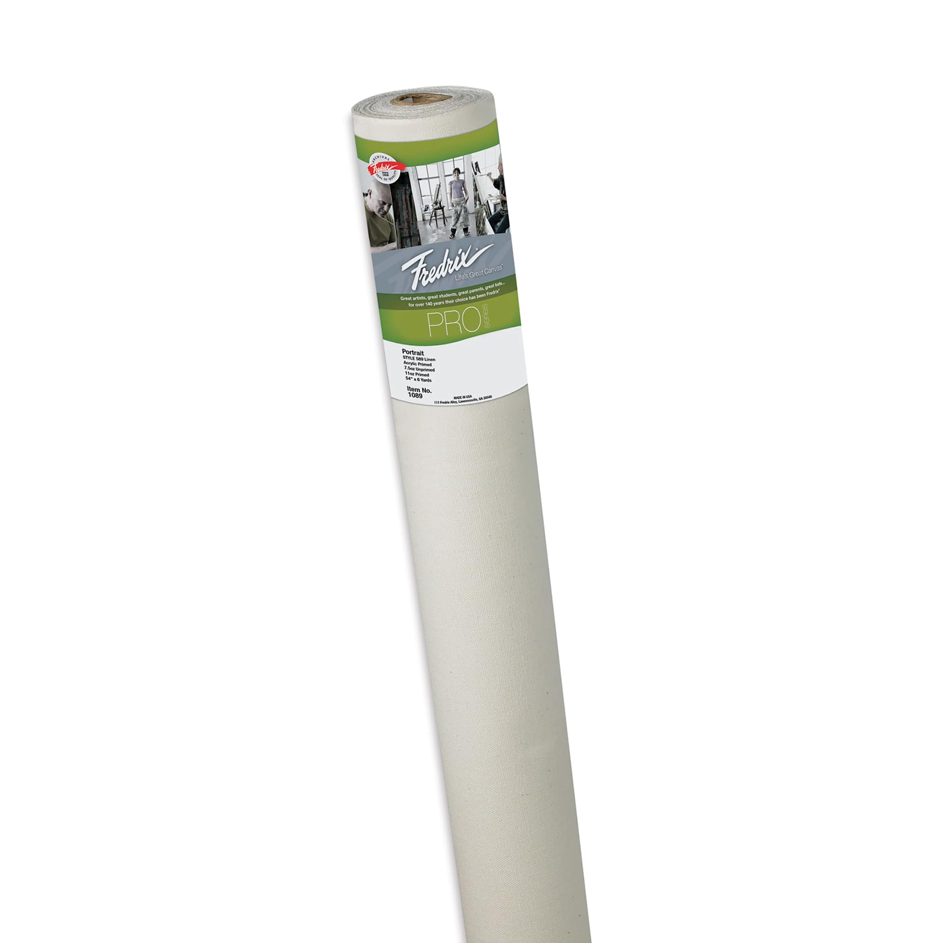 Fredrix Style 589 Portrait Acrylic Primed Linen Canvas Rolls - Roll upright showing label