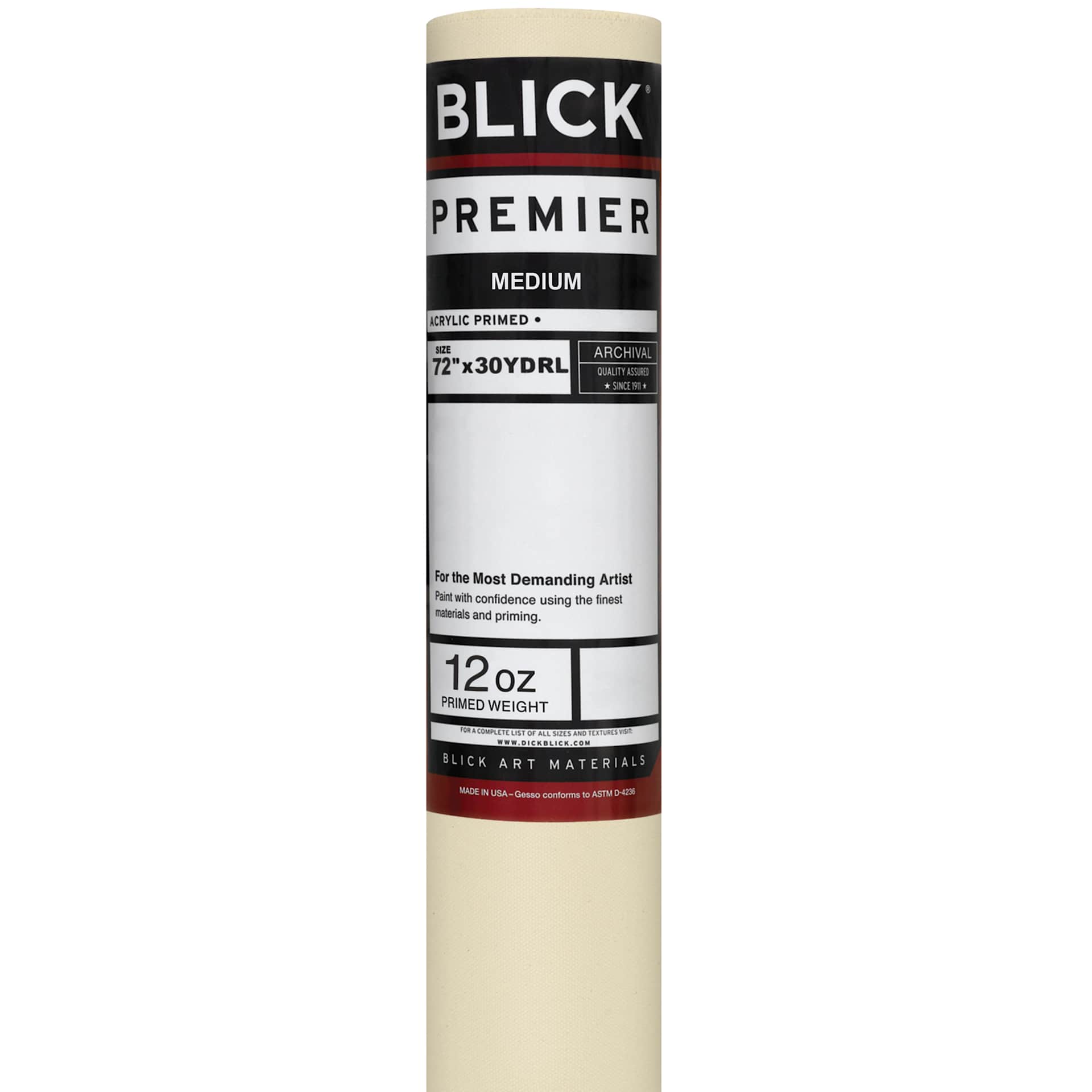 Blick Acrylic Primed Cotton Canvas - Medium, 72" x 30 yd, 12 oz, by the Roll, close-up of packaging label