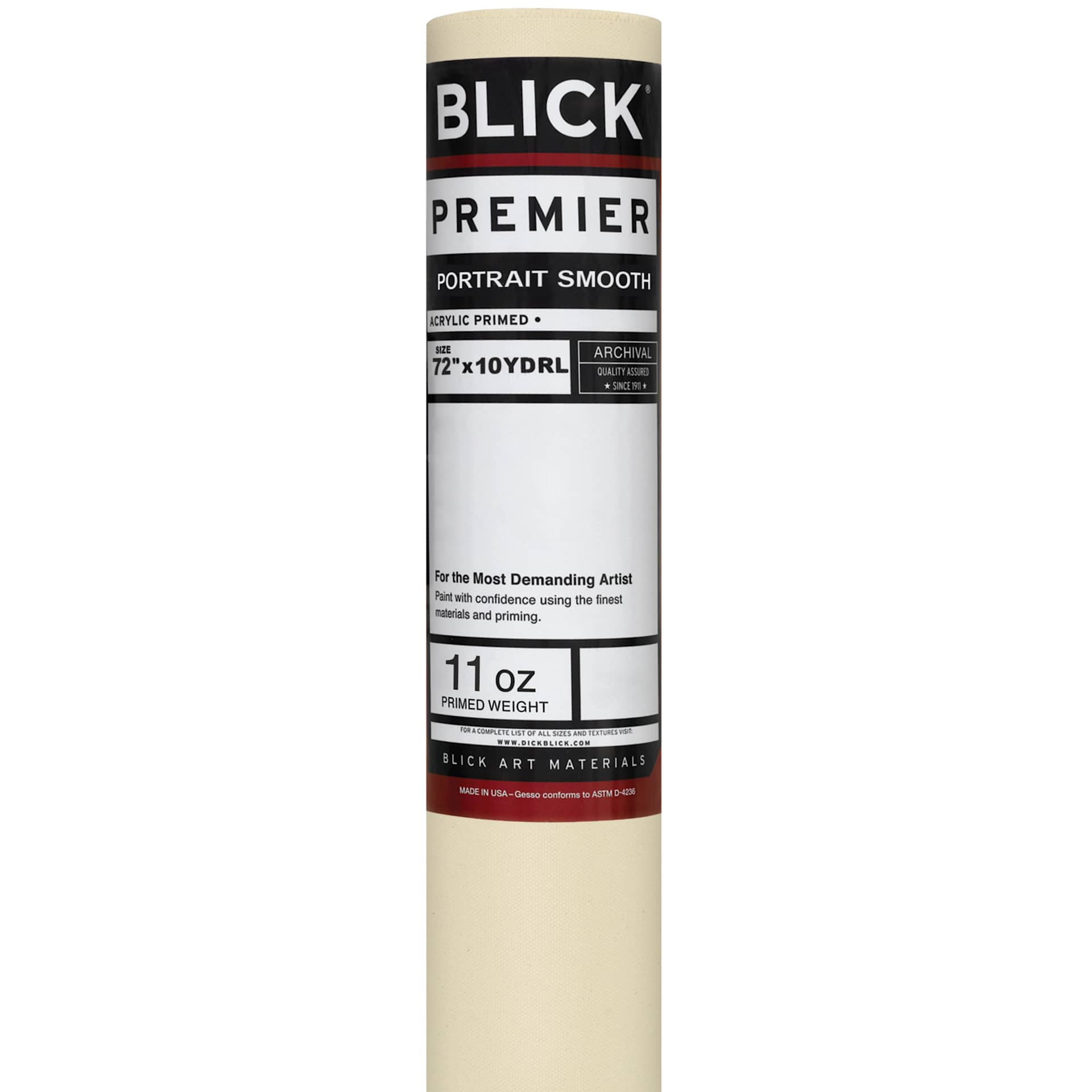 Blick Acrylic Primed Cotton Canvas - Portrait Smooth, 72" x 10 yd, 11 oz, by the Roll, close-up of packaging label
