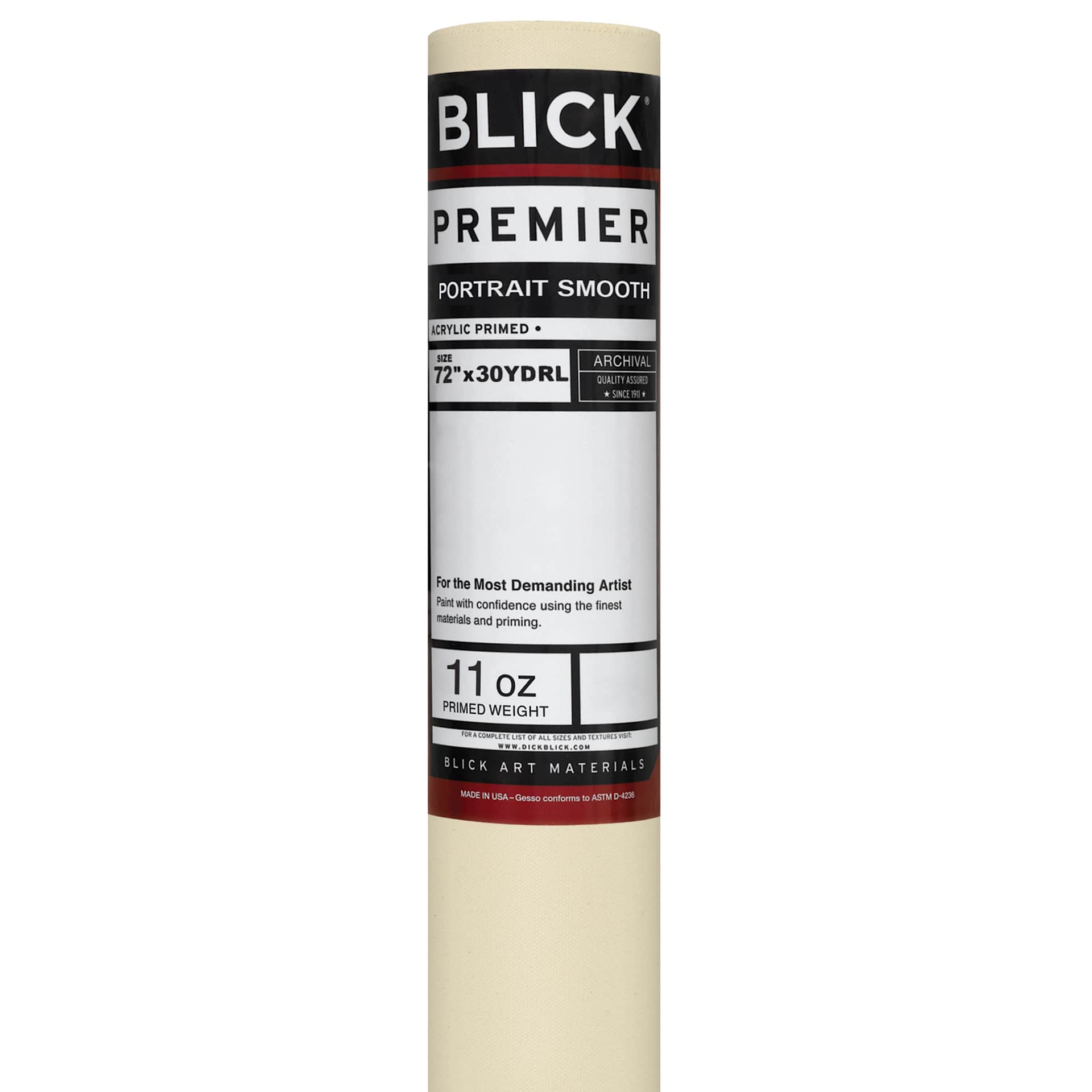 Blick Acrylic Primed Cotton Canvas - Portrait Smooth, 72" x 30 yd, 11 oz, by the Roll, close-up of packaging label