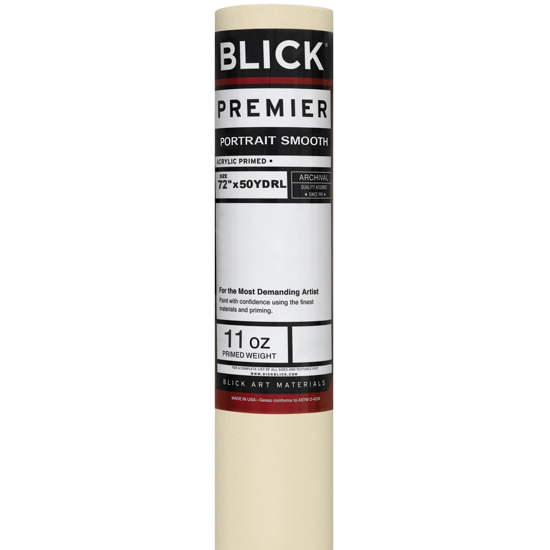 Blick Acrylic Primed Cotton Canvas - Portrait Smooth, 72" x 50 yd, 11 oz, by the Roll, close-up of packaging label