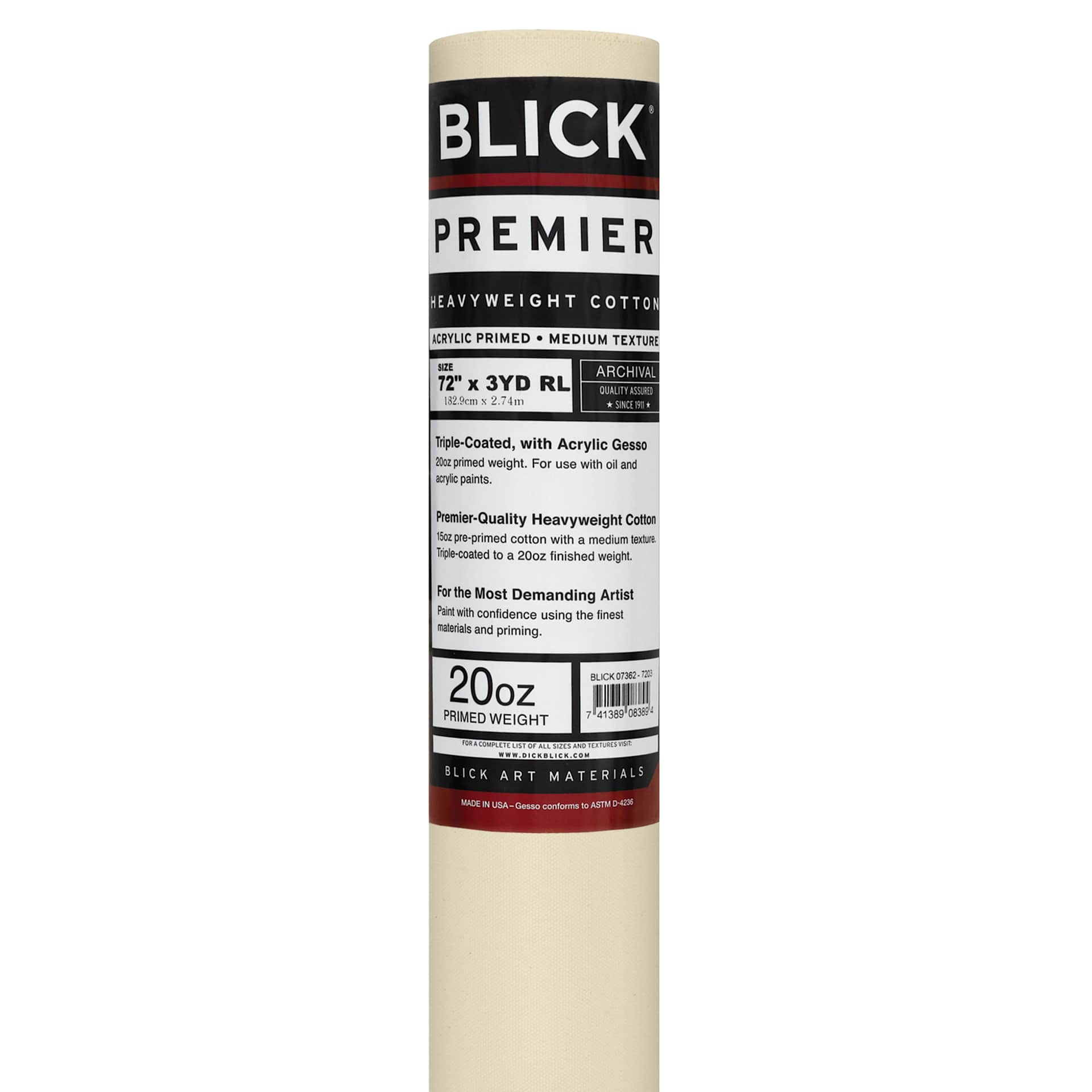 Blick Acrylic Primed Cotton Canvas - Premier Heavyweight, 72" x 3 yd, Acrylic Primed, by the Roll, close-up of packaging label