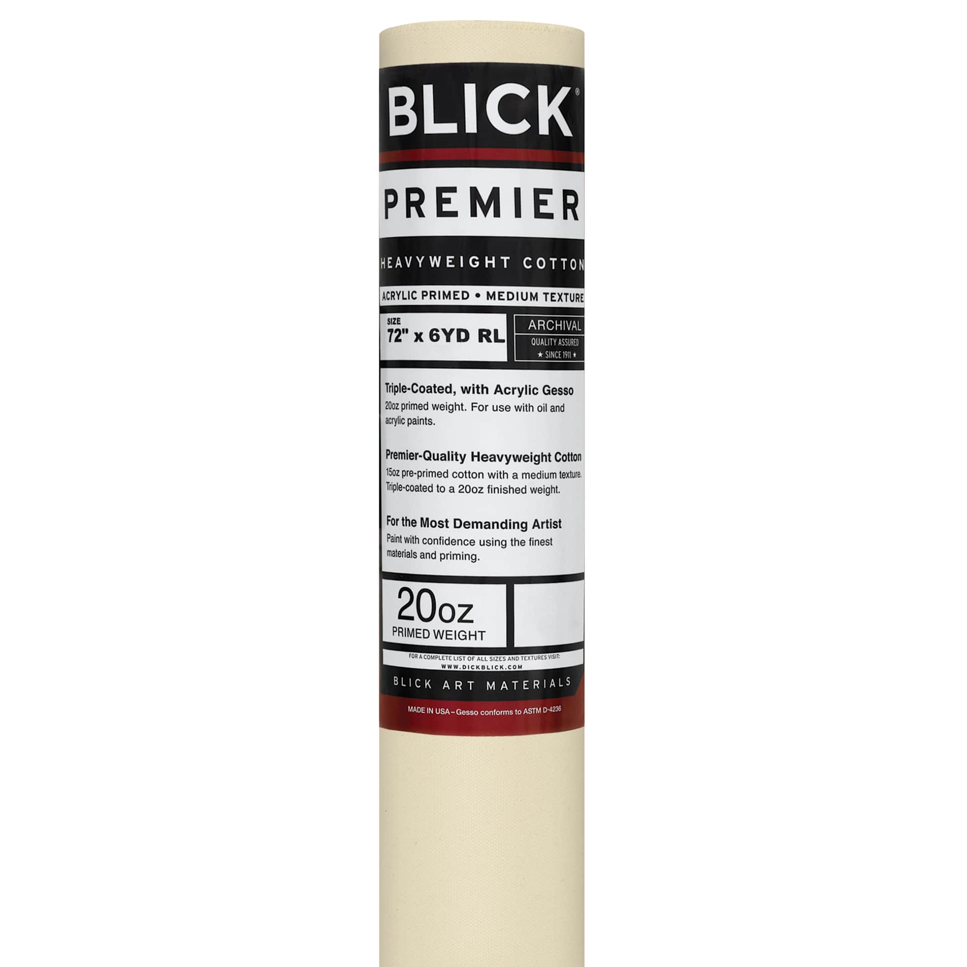 Blick Acrylic Primed Cotton Canvas - Premier Heavyweight, 72" x 6 yd, Acrylic Primed, by the Roll, close-up of packaging label