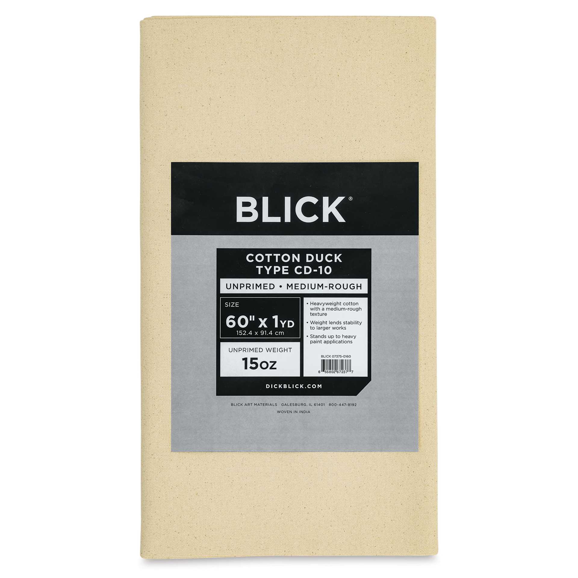 Blick Unprimed Cotton Canvas - Heavyweight Medium-Rough Texture, 60" x 1 yd, close-up of label