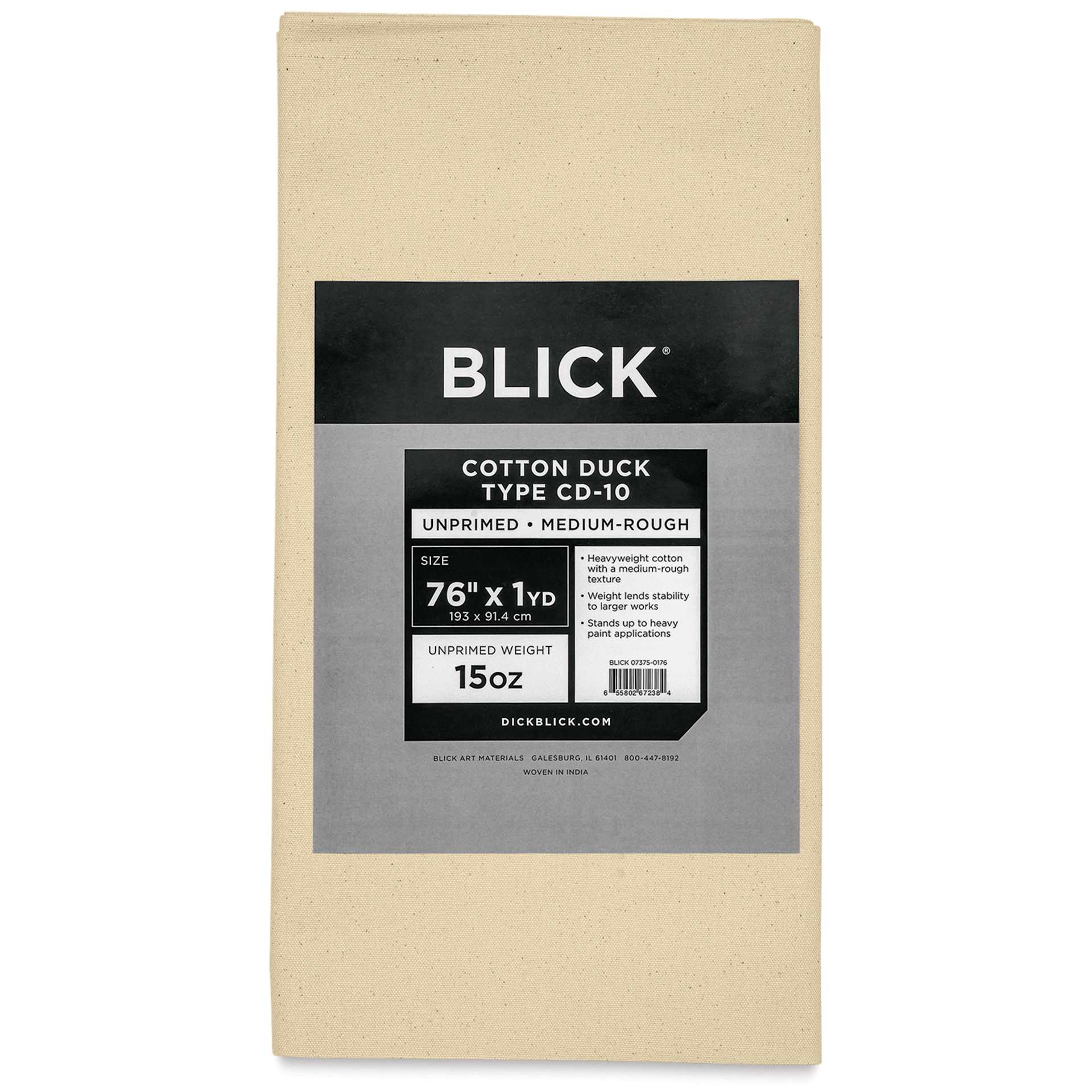 Blick Unprimed Cotton Canvas - Heavyweight Medium-Rough Texture, 76" x 1 yd, close-up of label