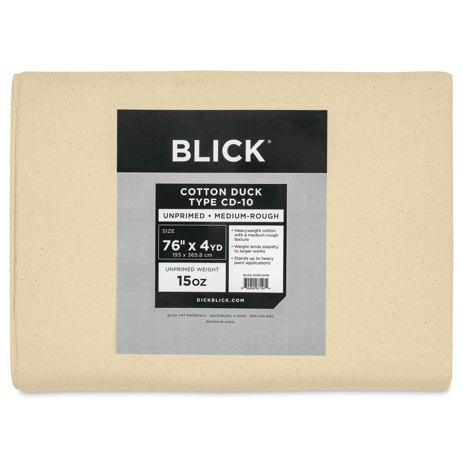 Blick Unprimed Cotton Canvas - Heavyweight Medium-Rough Texture, 76" x 4 yds, close-up of label