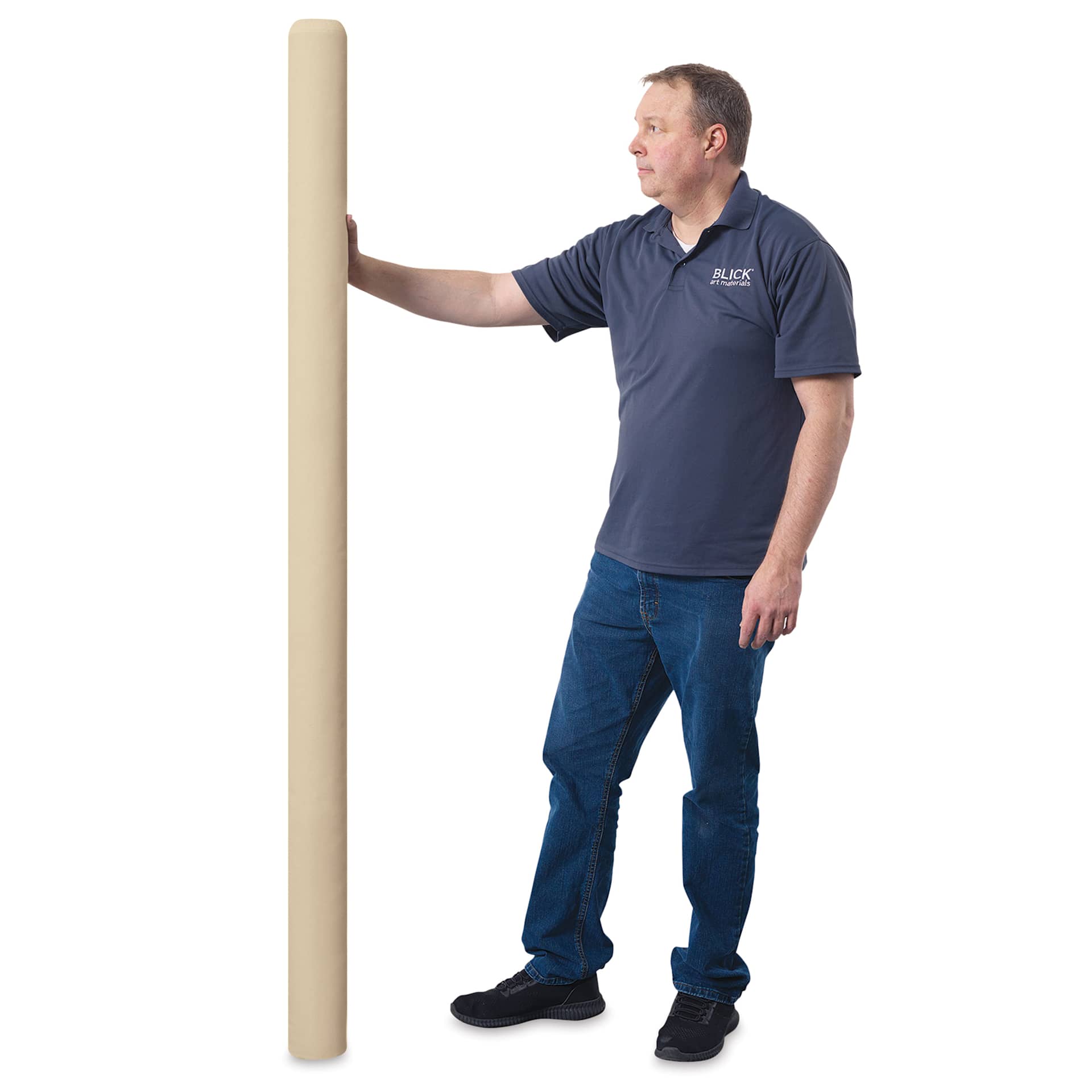Blick Unprimed Cotton Canvas - Heavyweight Medium-Rough Texture, 76" x 10 yds, man holding canvas