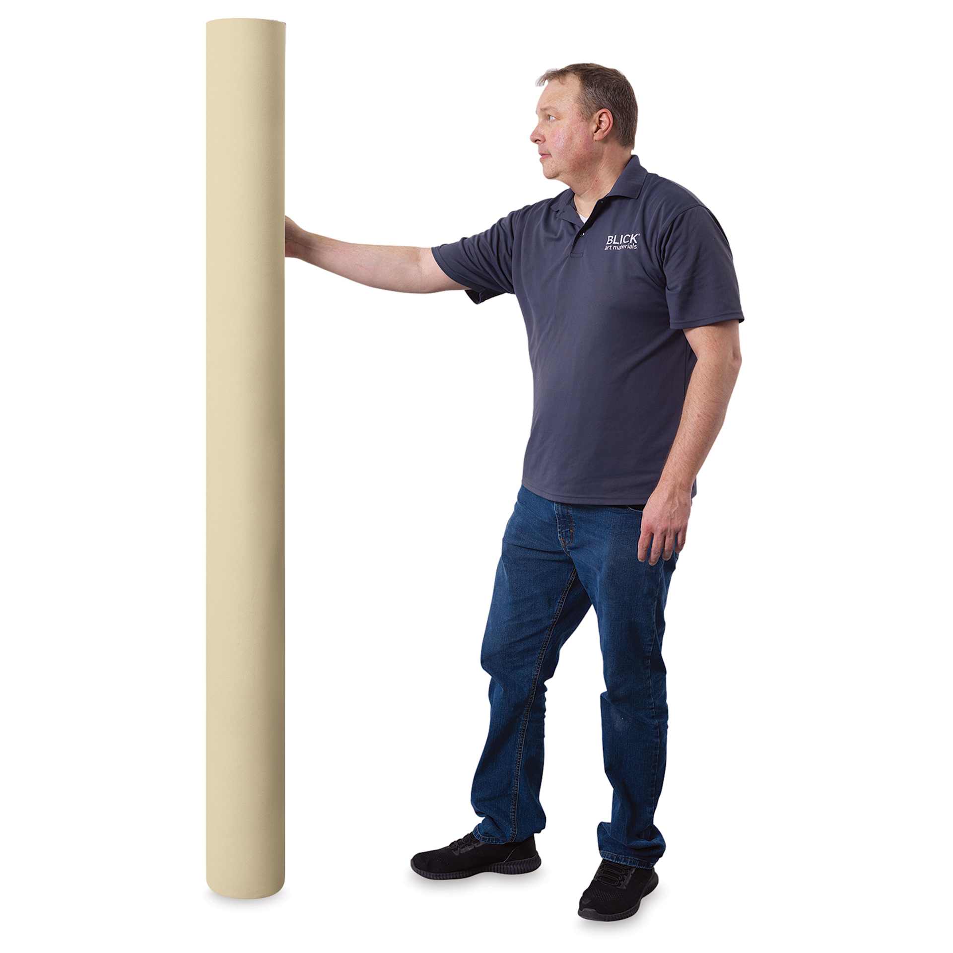 Blick Unprimed Cotton Canvas - Heavyweight Medium-Rough Texture, 76" x 25 yds, man holding roll