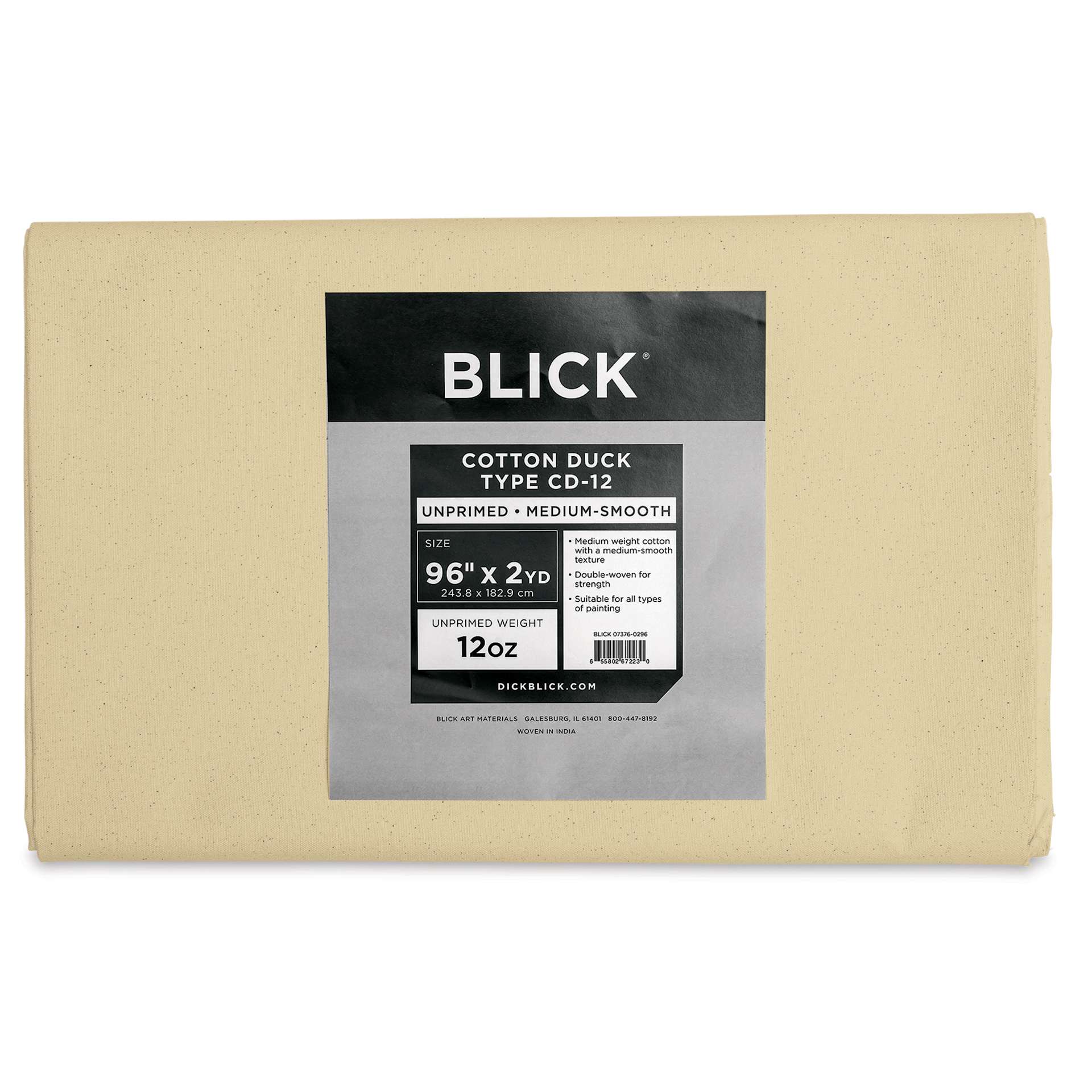Blick Unprimed Cotton Canvas - Medium Weight, Medium-Smooth Texture, 96" x 2 yds, close-up of label