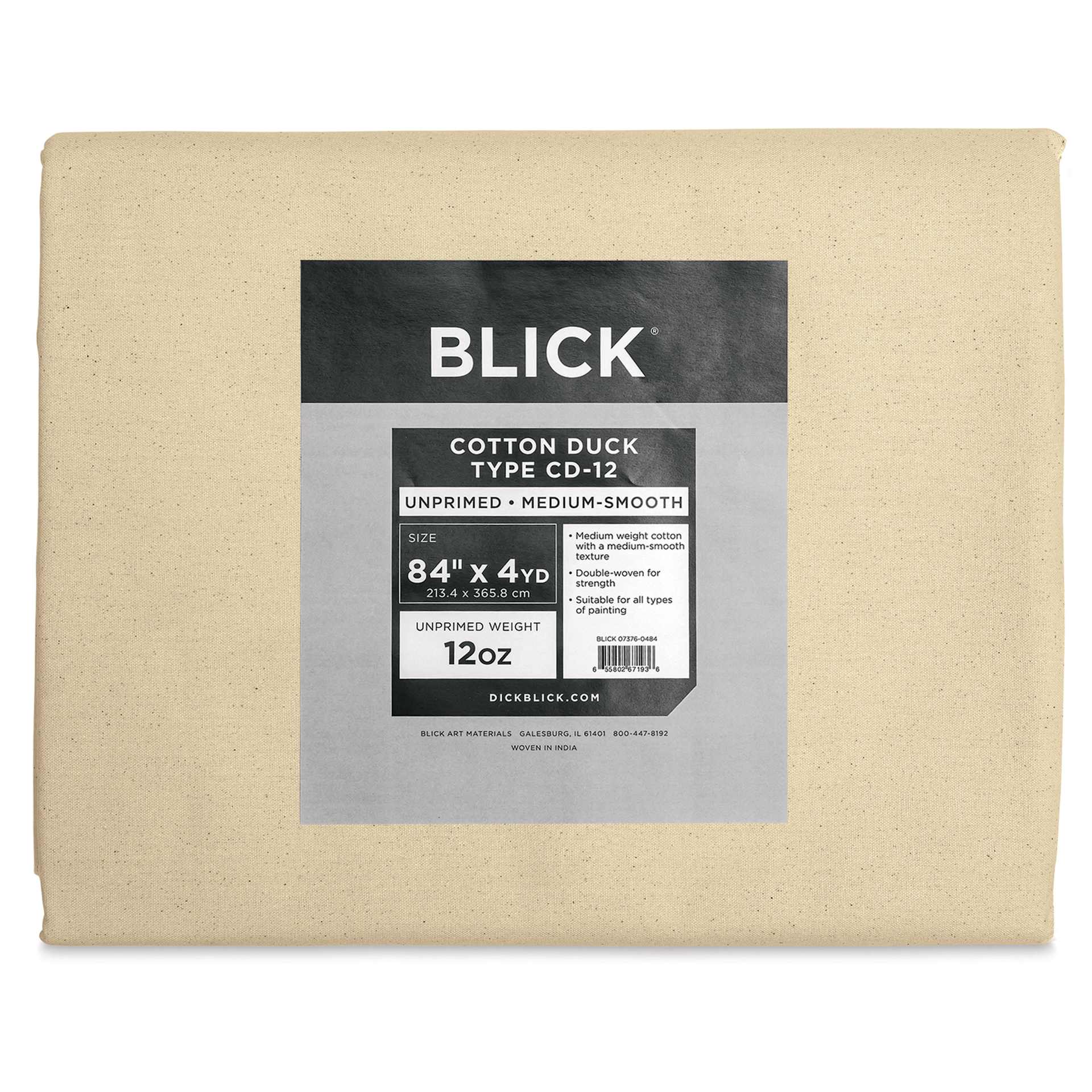 Blick Unprimed Cotton Canvas - Medium Weight, Medium-Smooth Texture, 84" x 4 yds, close-up of label