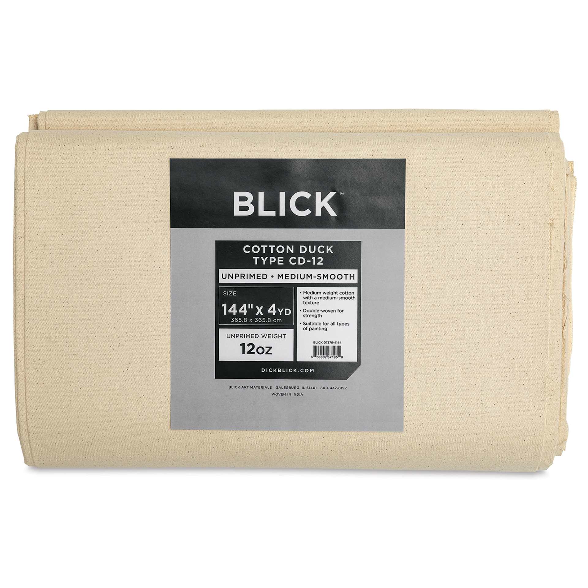 Blick Unprimed Cotton Canvas - Medium Weight, Medium-Smooth Texture, 144" x 4 yds, close-up of label