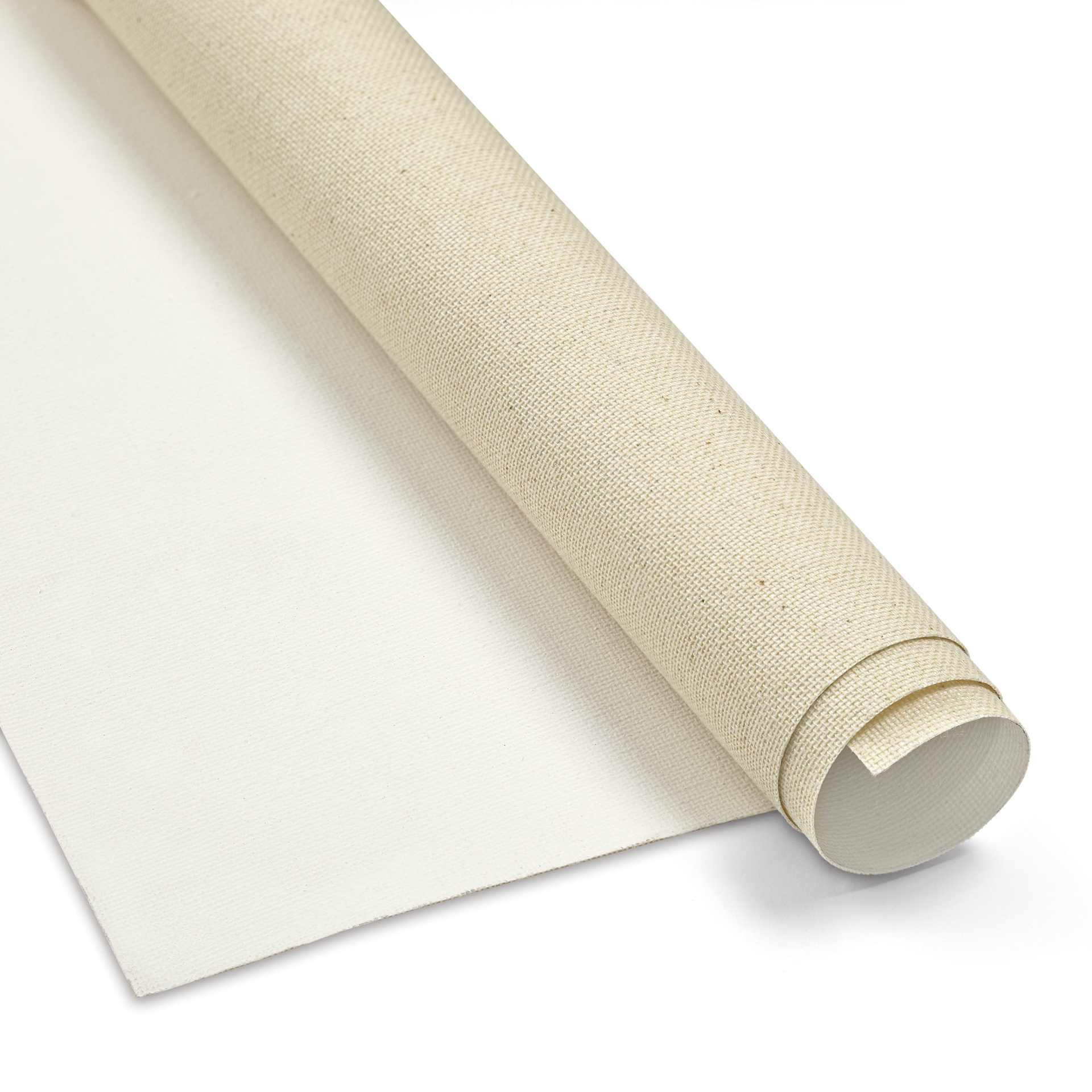 Utrecht Triple Acrylic Primed, Medium Texture 60" × 6 yds, close-up of roll Utrecht Triple Acrylic Primed, Medium Texture 60" × 6 yds, close-up of roll