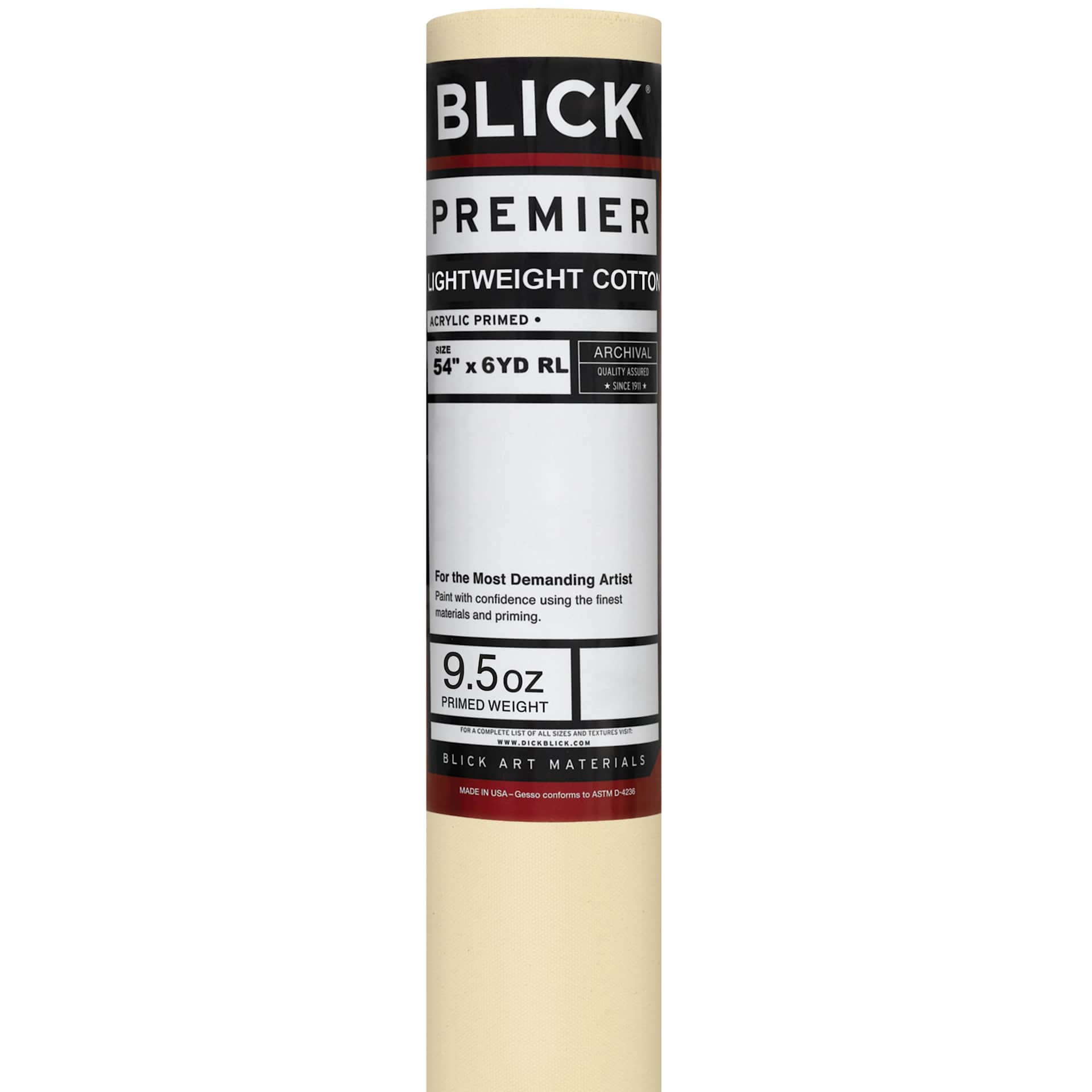 Blick Acrylic Primed Cotton Canvas - Lightweight, 54" x 6 yd, Acrylic Primed, by the Roll, close-up of packaging label