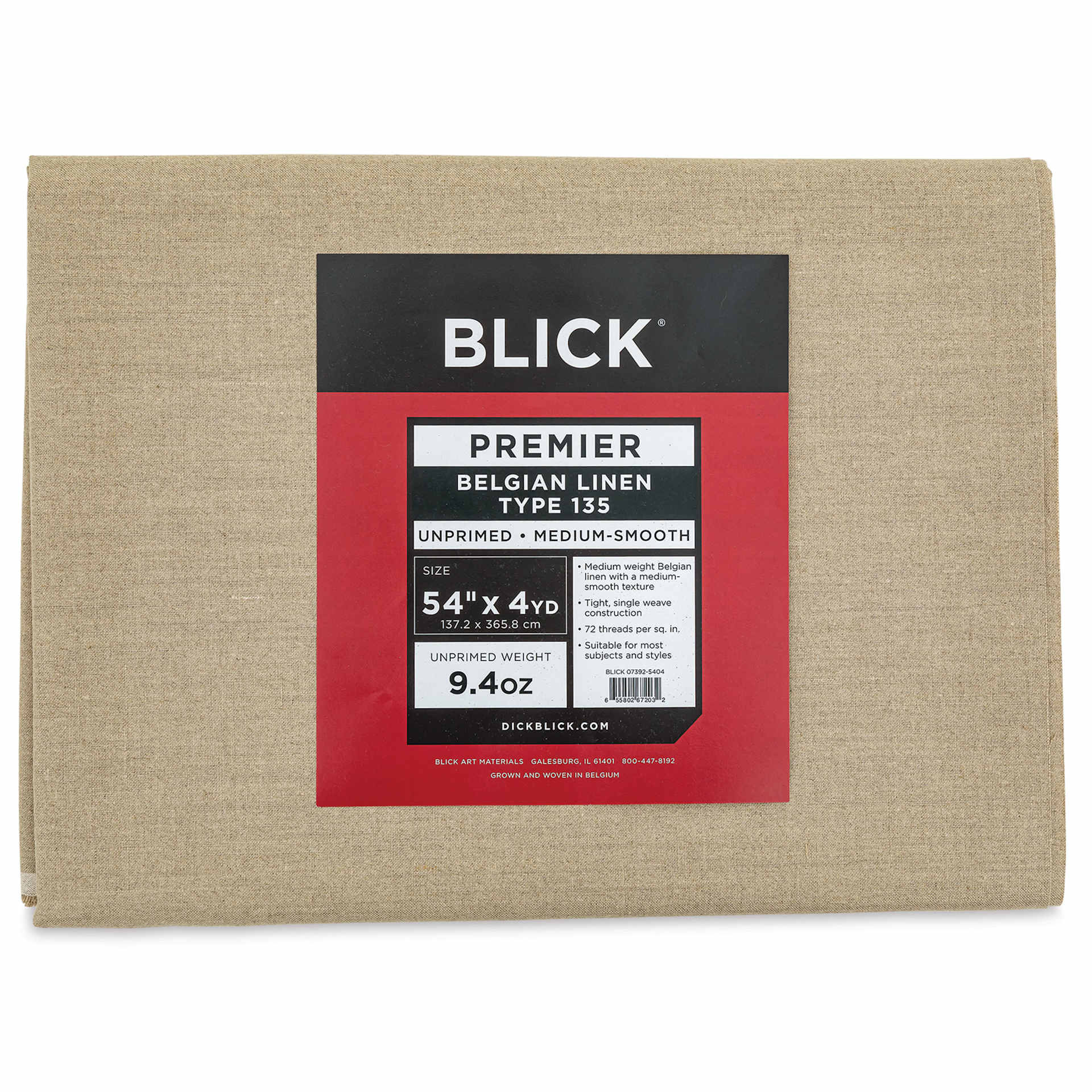 Blick Unprimed Belgian Linen Canvas - Type 135, 54" x 4 yds, Folded, close-up of label