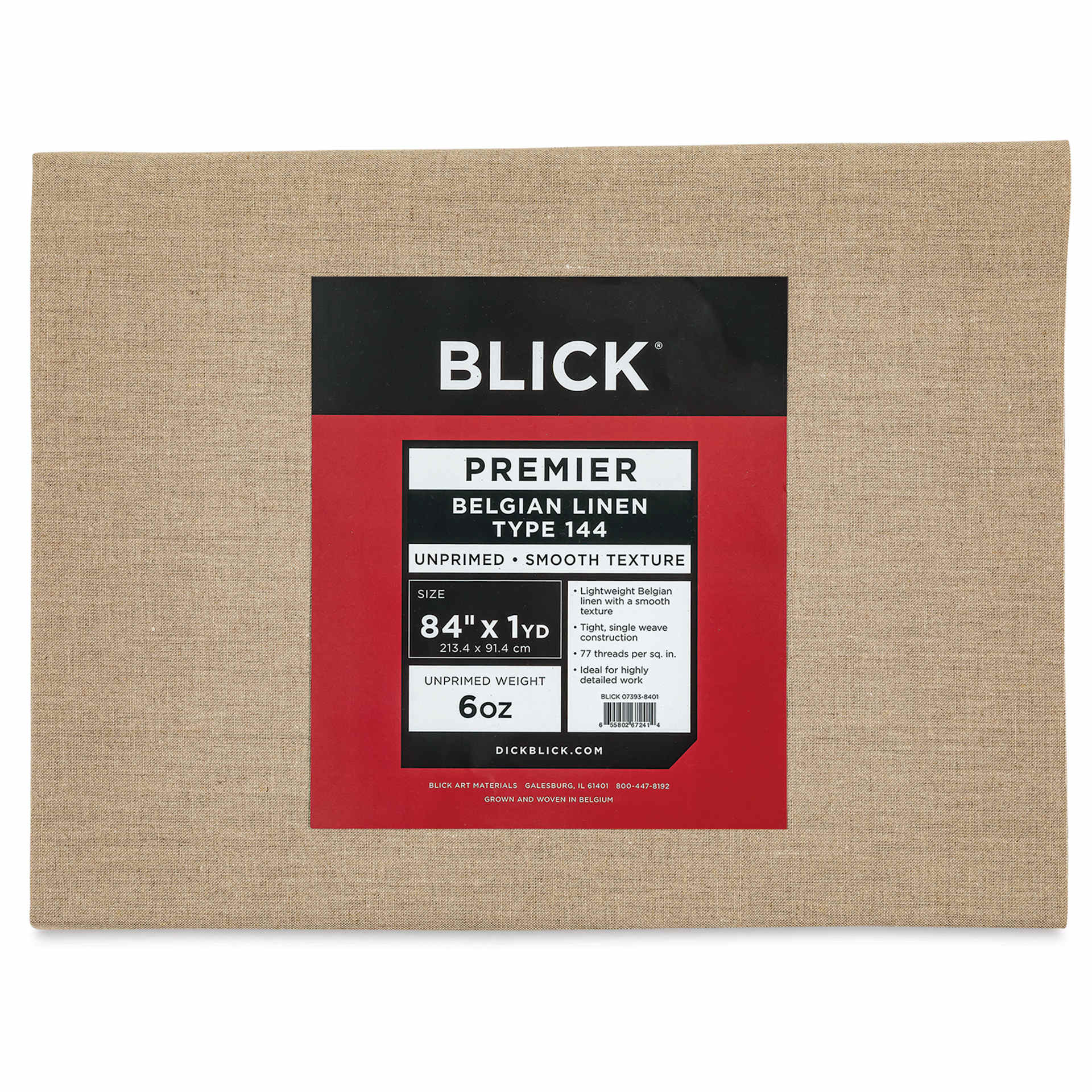 Blick Unprimed Belgian Linen Canvas - Type 144, 84" x 1 yd, Folded, close-up of label
