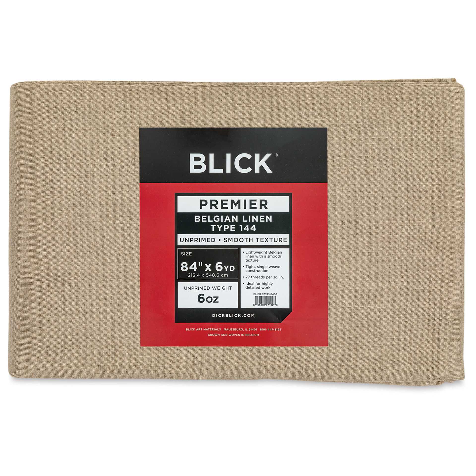 Blick Unprimed Belgian Linen Canvas - Type 144, 84" x 6 yds, Folded, close-up of label