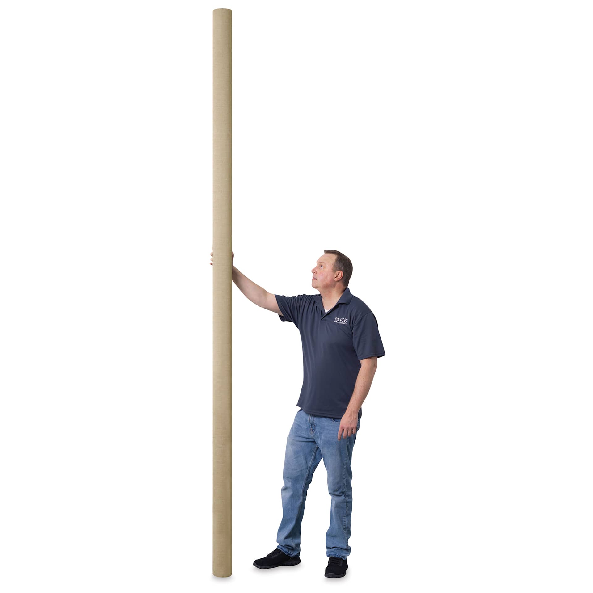 Blick Unprimed Belgian Linen Canvas - Type 185, 125" x 10 yds, Roll, man holding canvas roll
