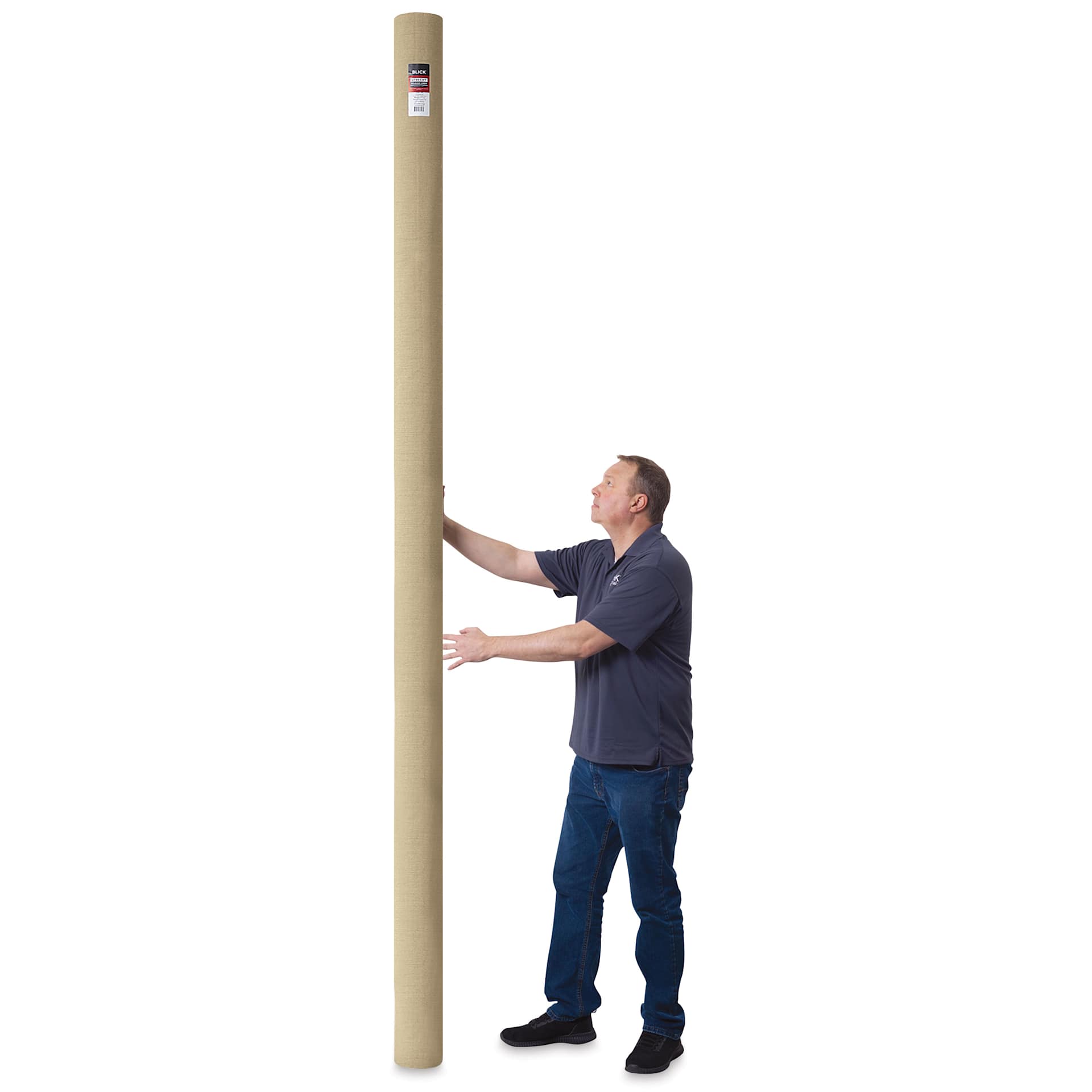 Blick Unprimed Belgian Linen Canvas - Type 185, 125" x 25 yds, Roll, man holding canvas roll