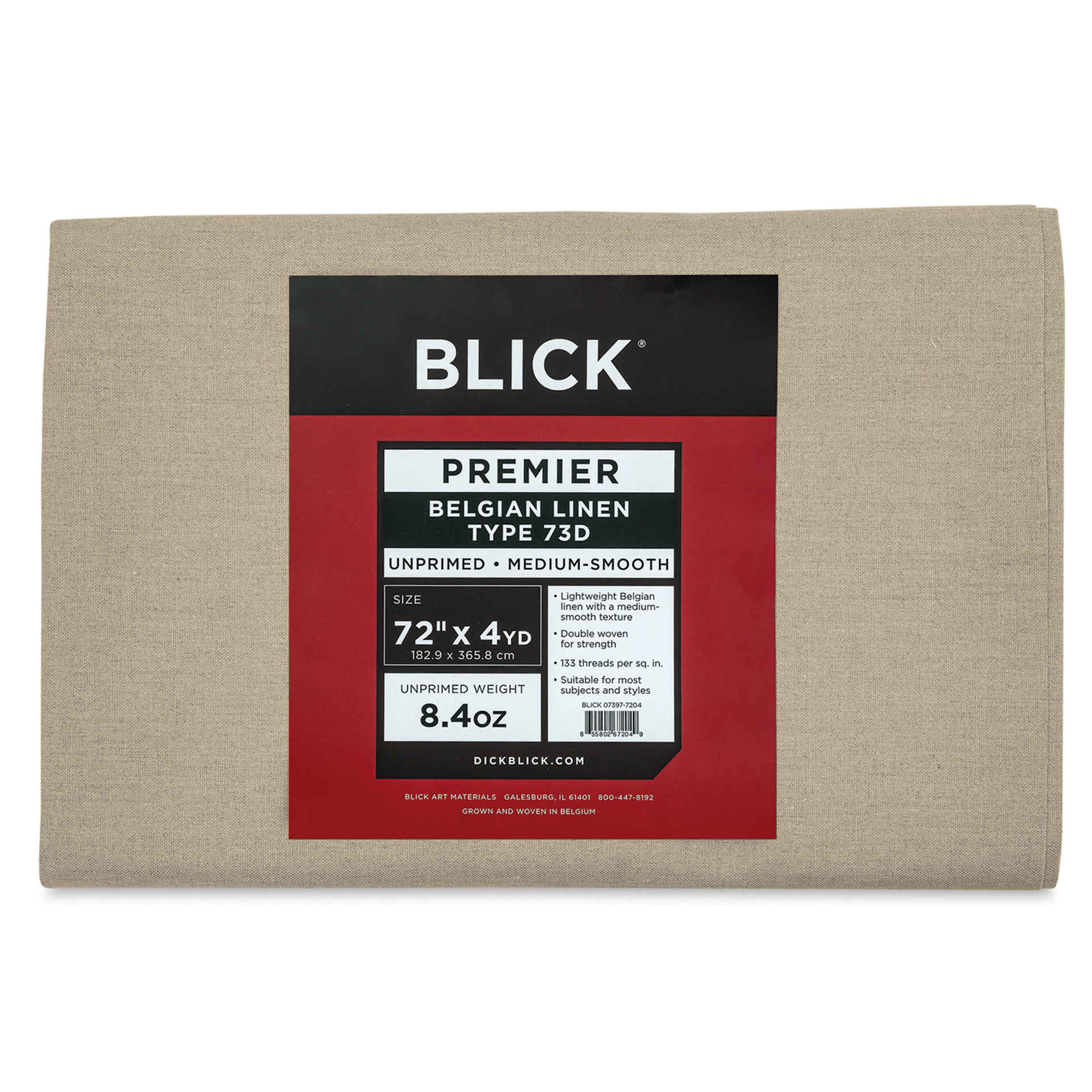 Blick Unprimed Belgian Linen Canvas - Type 73D, 72" x 4 yds, Folded, close-up of label