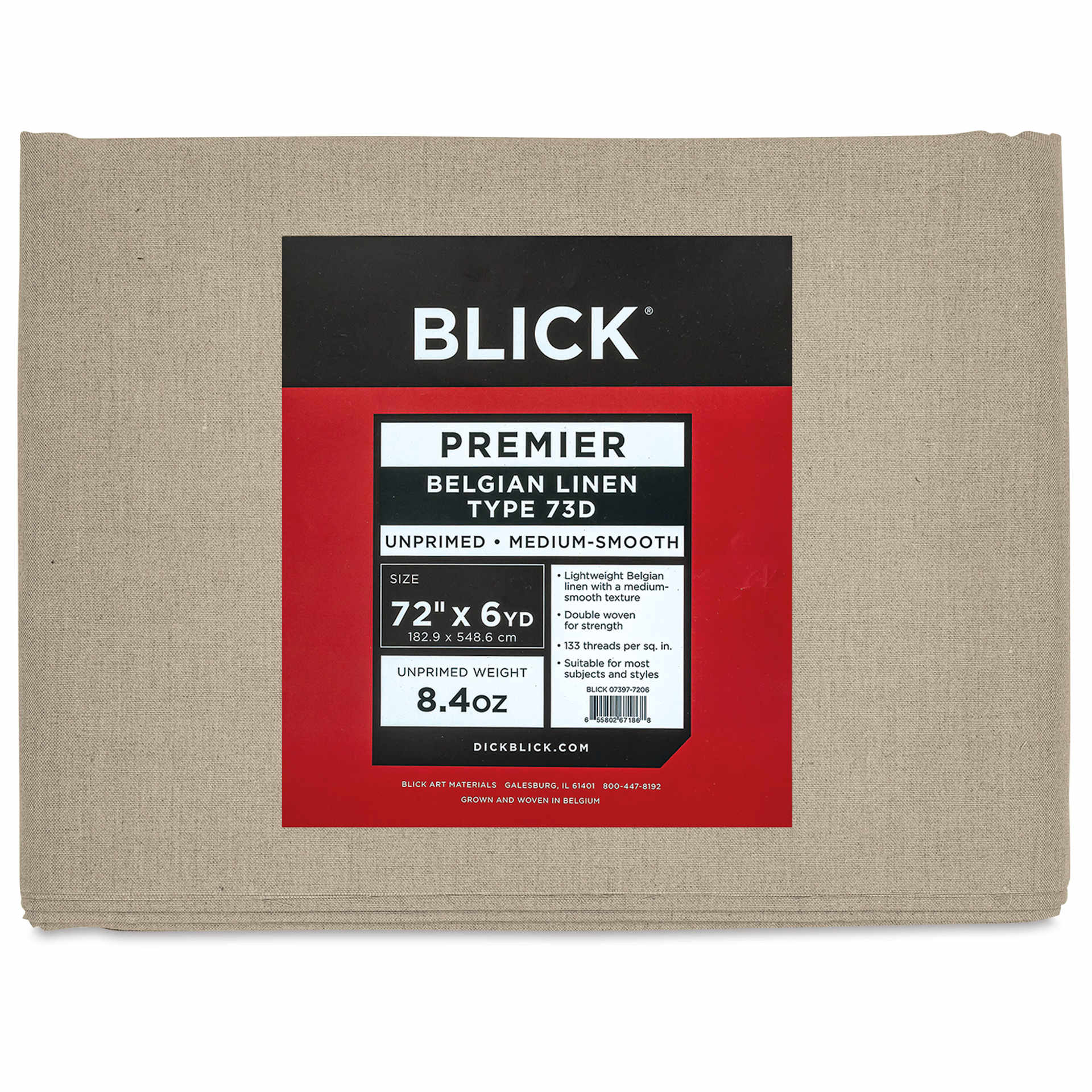 Blick Unprimed Belgian Linen Canvas - Type 73D, 72" x 6 yds, Folded, close-up of label