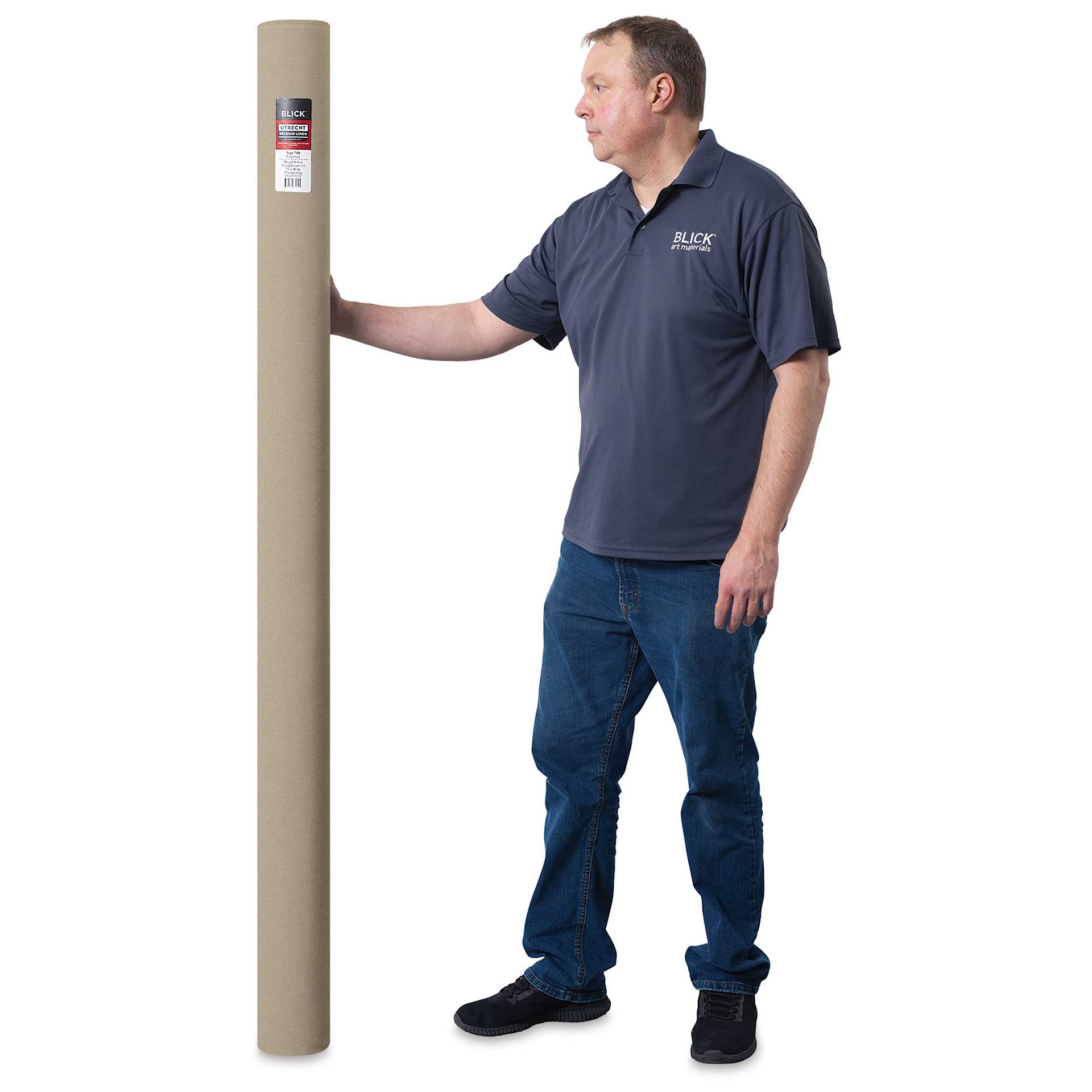 Blick Unprimed Belgian Linen Canvas - Type 73D, 72" x 25 yds, Roll, man holding canvas roll