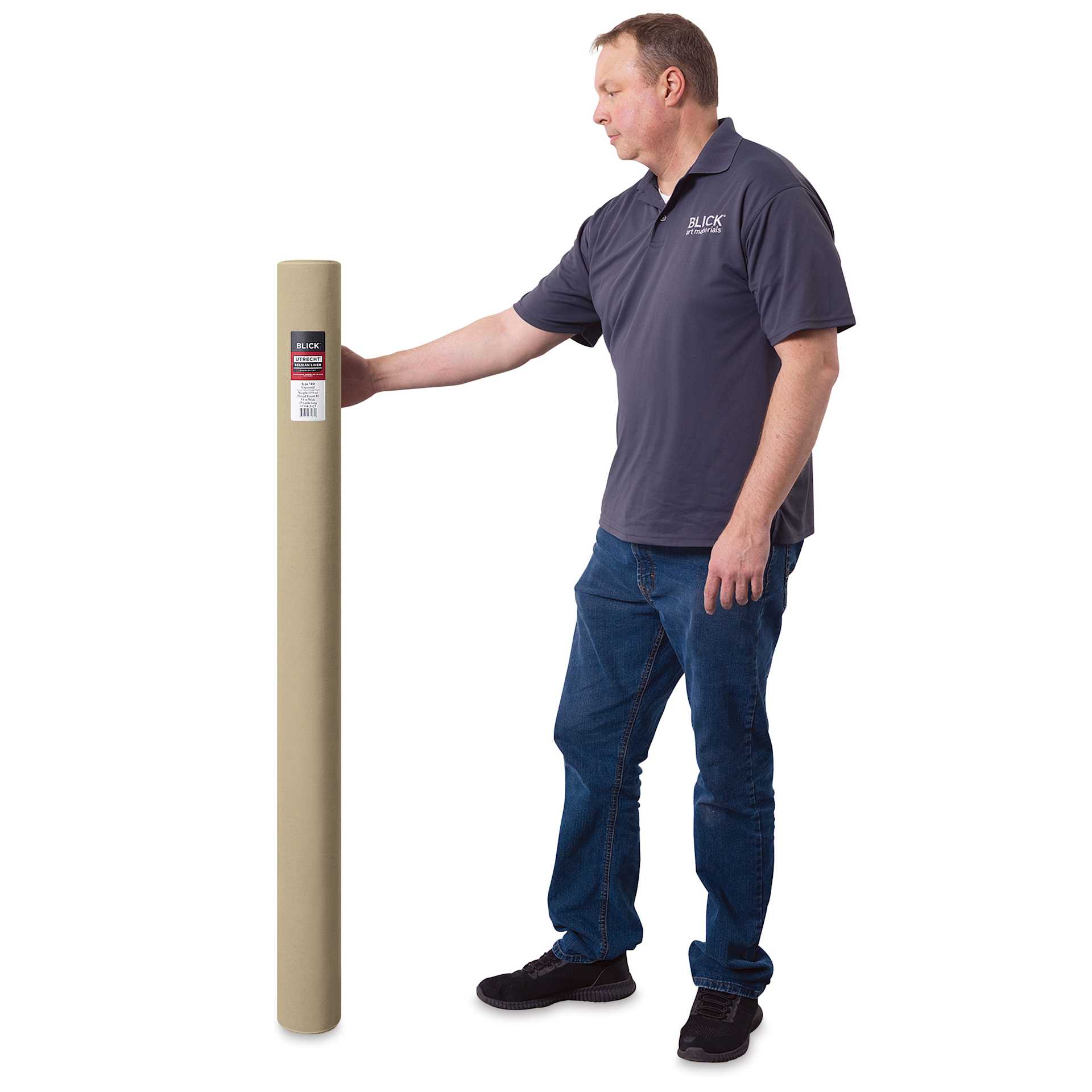 Blick Unprimed Belgian Linen Canvas - Type 74D, 54" x 10 yds, Roll, man holding canvas roll