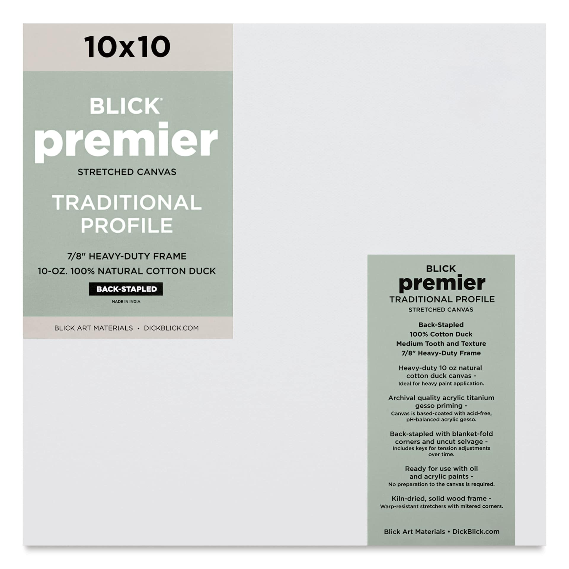 Blick Premier Stretched Cotton Canvas - Traditional Profile, Back-Stapled, 10" x 10", front