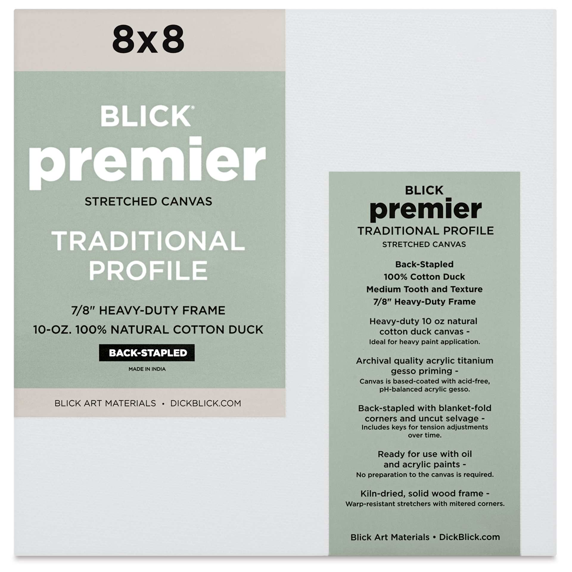 Blick Premier Stretched Cotton Canvas - Traditional Profile, Back-Stapled, 8" x 8", front