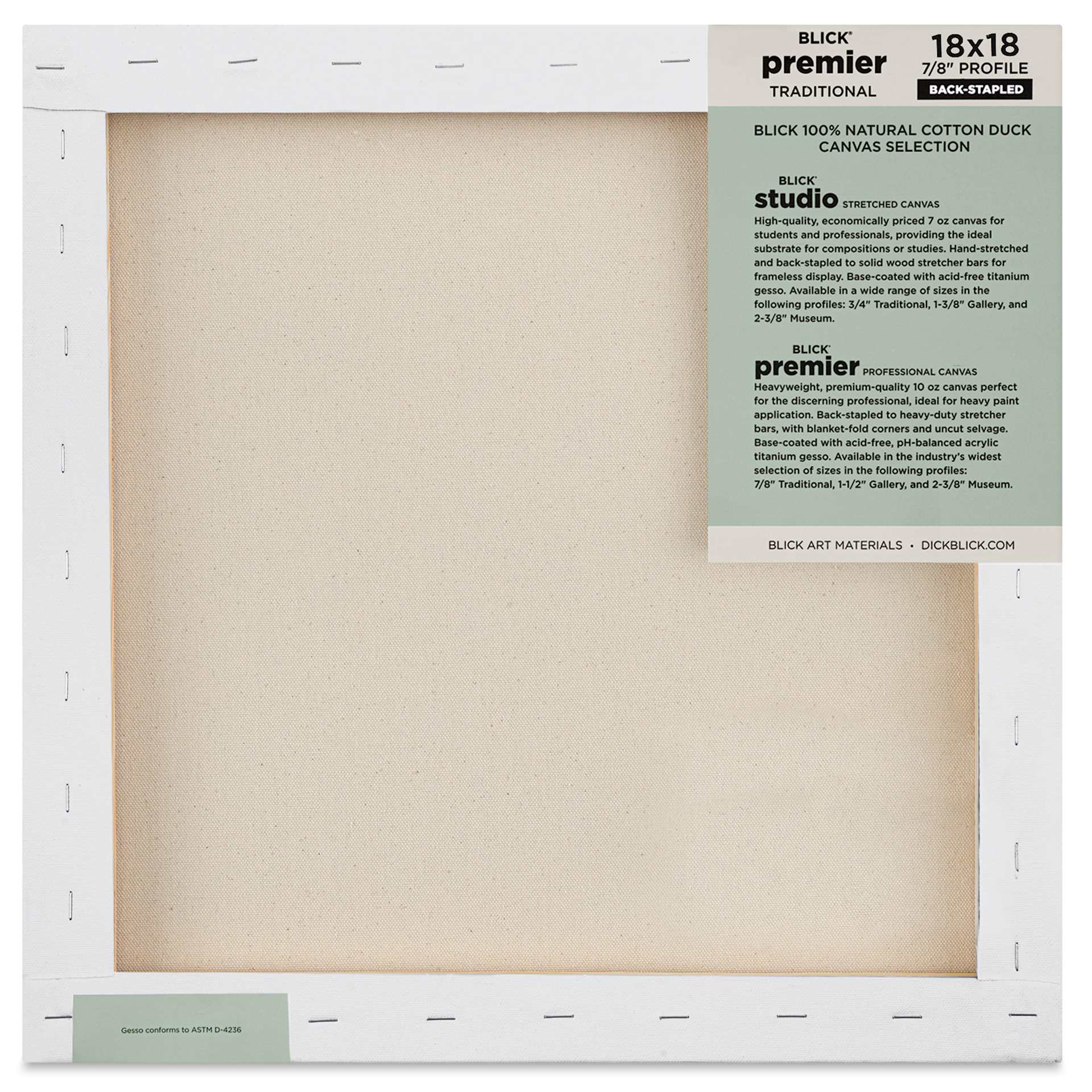 Blick Premier Stretched Cotton Canvas - Traditional Profile, Back-Stapled, 18" x  18", back