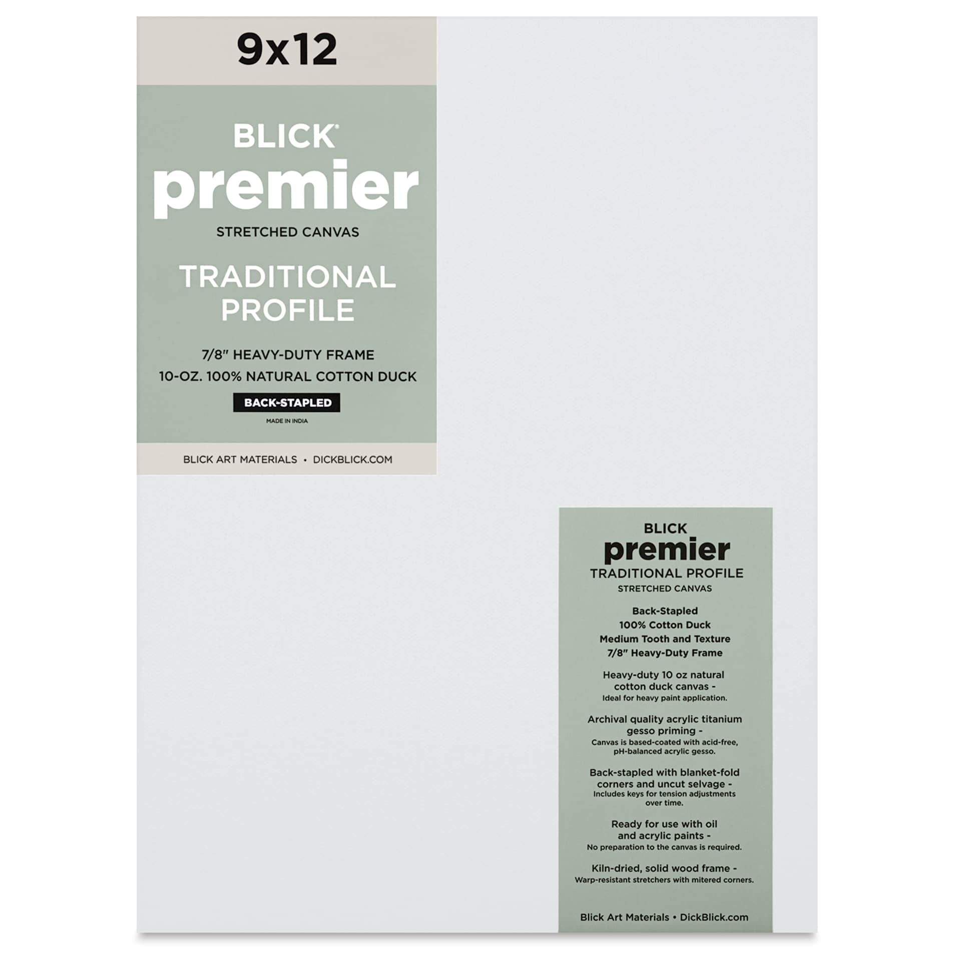 Blick Premier Stretched Cotton Canvas - Traditional Profile, Back-Stapled, 9" x 12", front