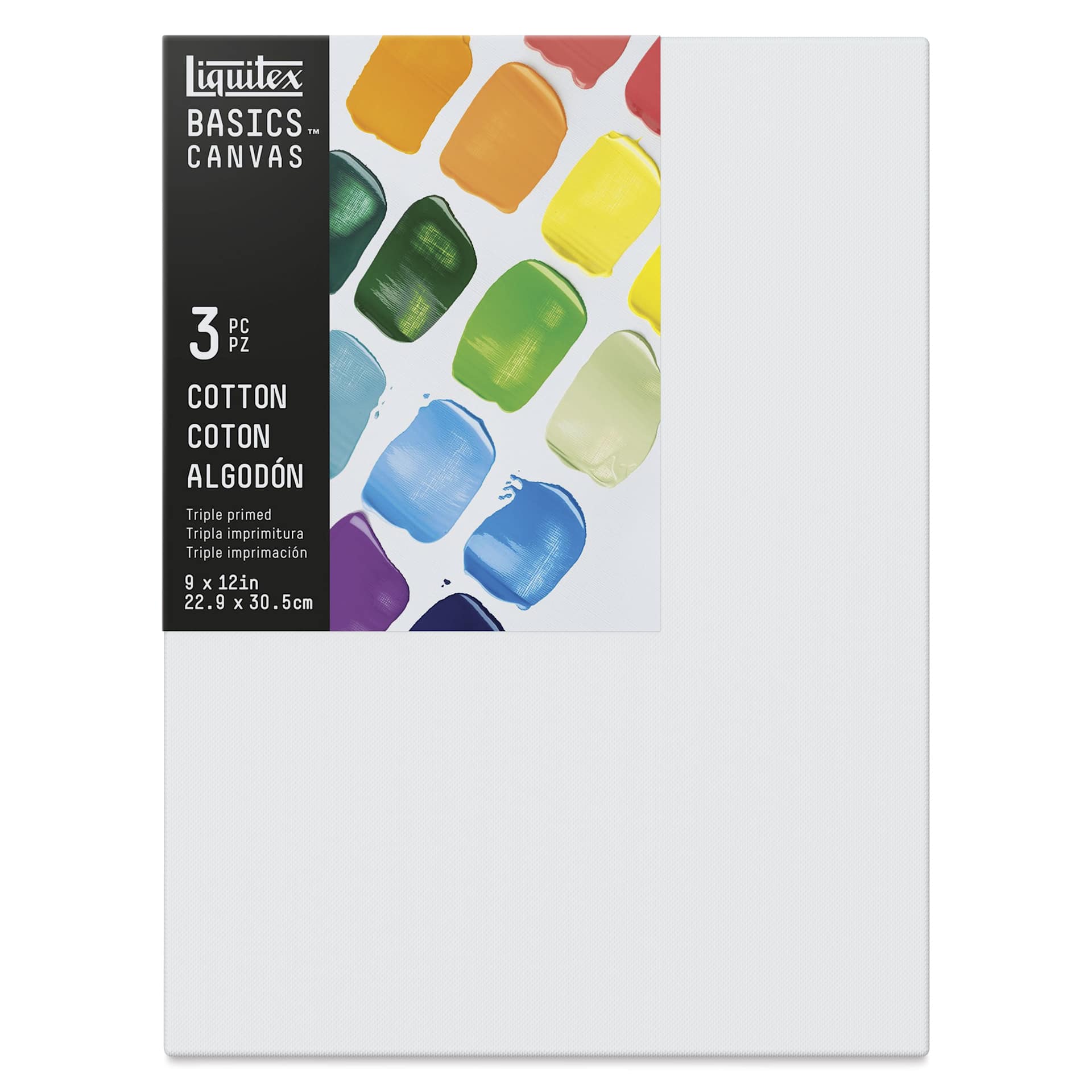 Liquitex Basics Stretched Cotton Canvas Pack - 9" x 12", Pkg of 3 front of canvas