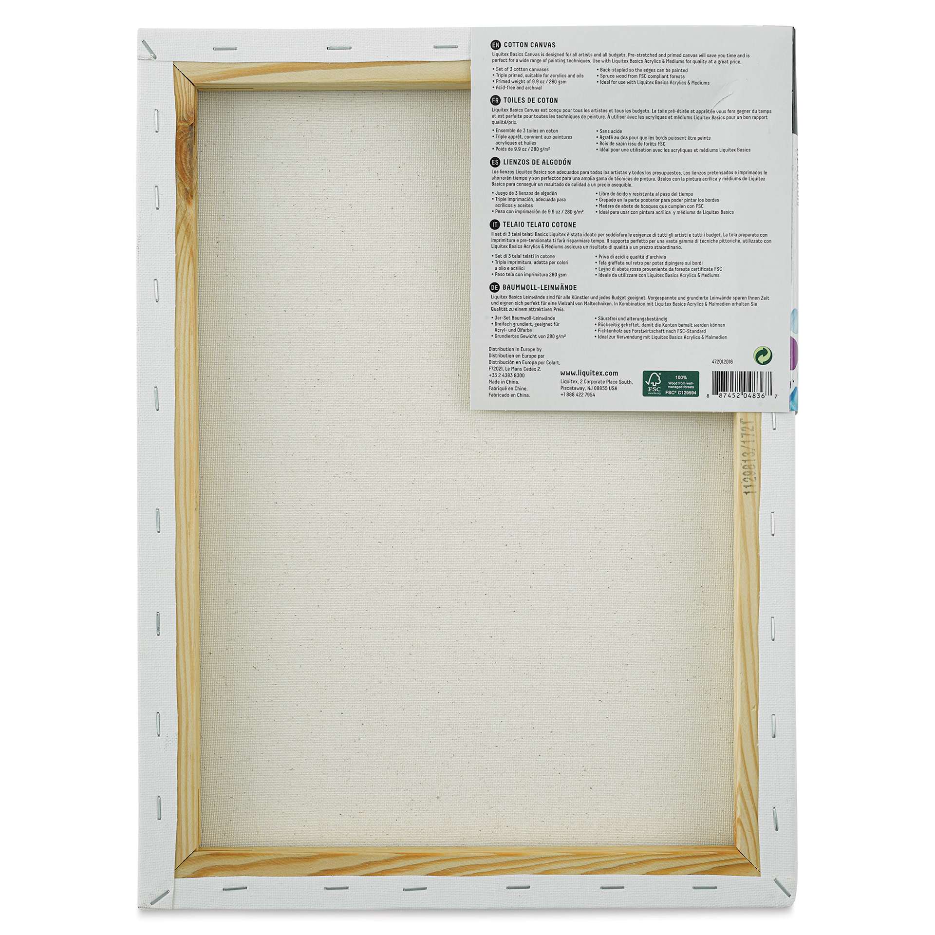 Liquitex Basics Stretched Cotton Canvas Pack - 12" x 16", Pkg of 3 (Back of package)