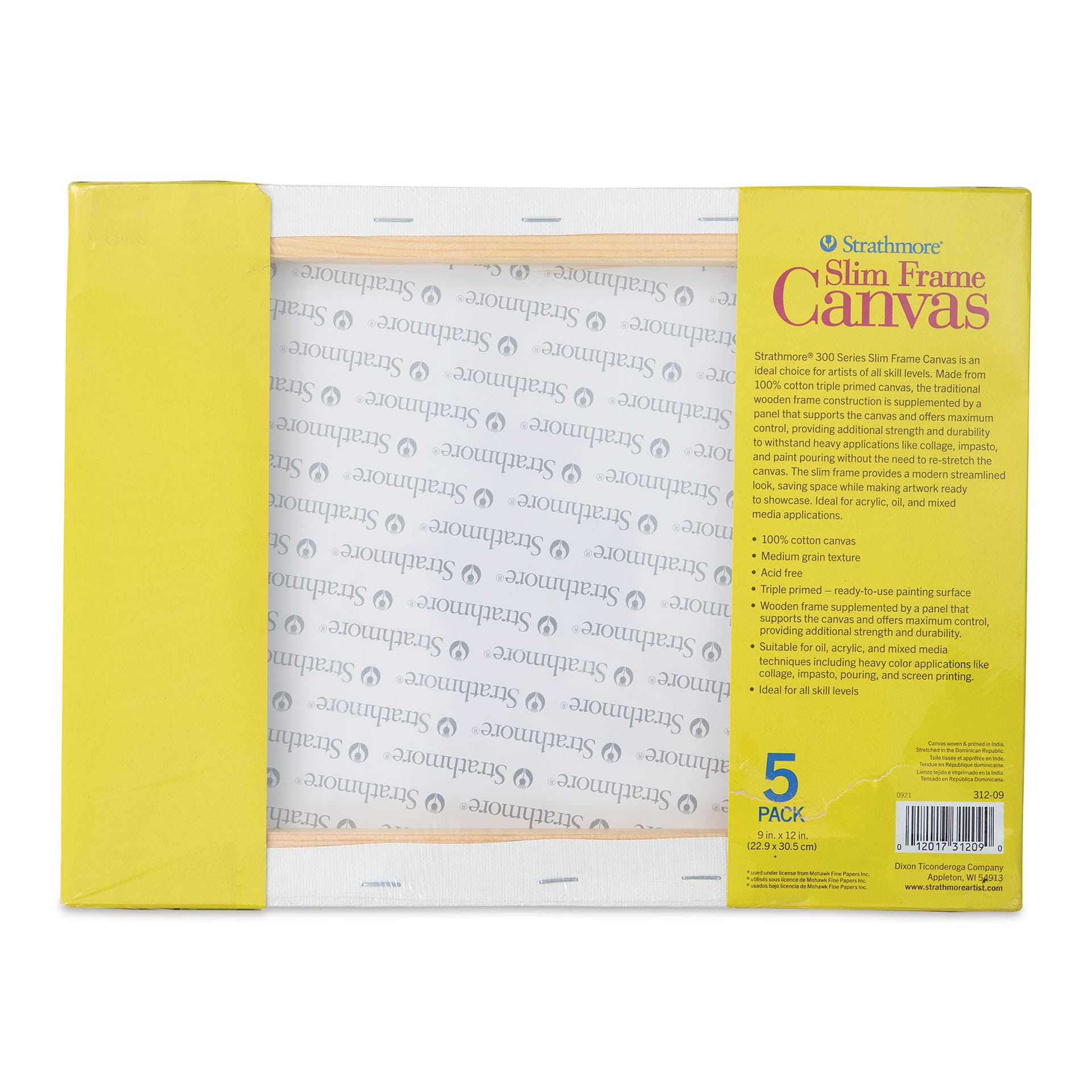 Strathmore 300 Series Slim Frame Stretched Cotton Canvas Pack - 9" x 12", Pkg of 5, back of pack Strathmore 300 Series Slim Frame Stretched Cotton Canvas Pack - 9" x 12", Pkg of 5, back of pack