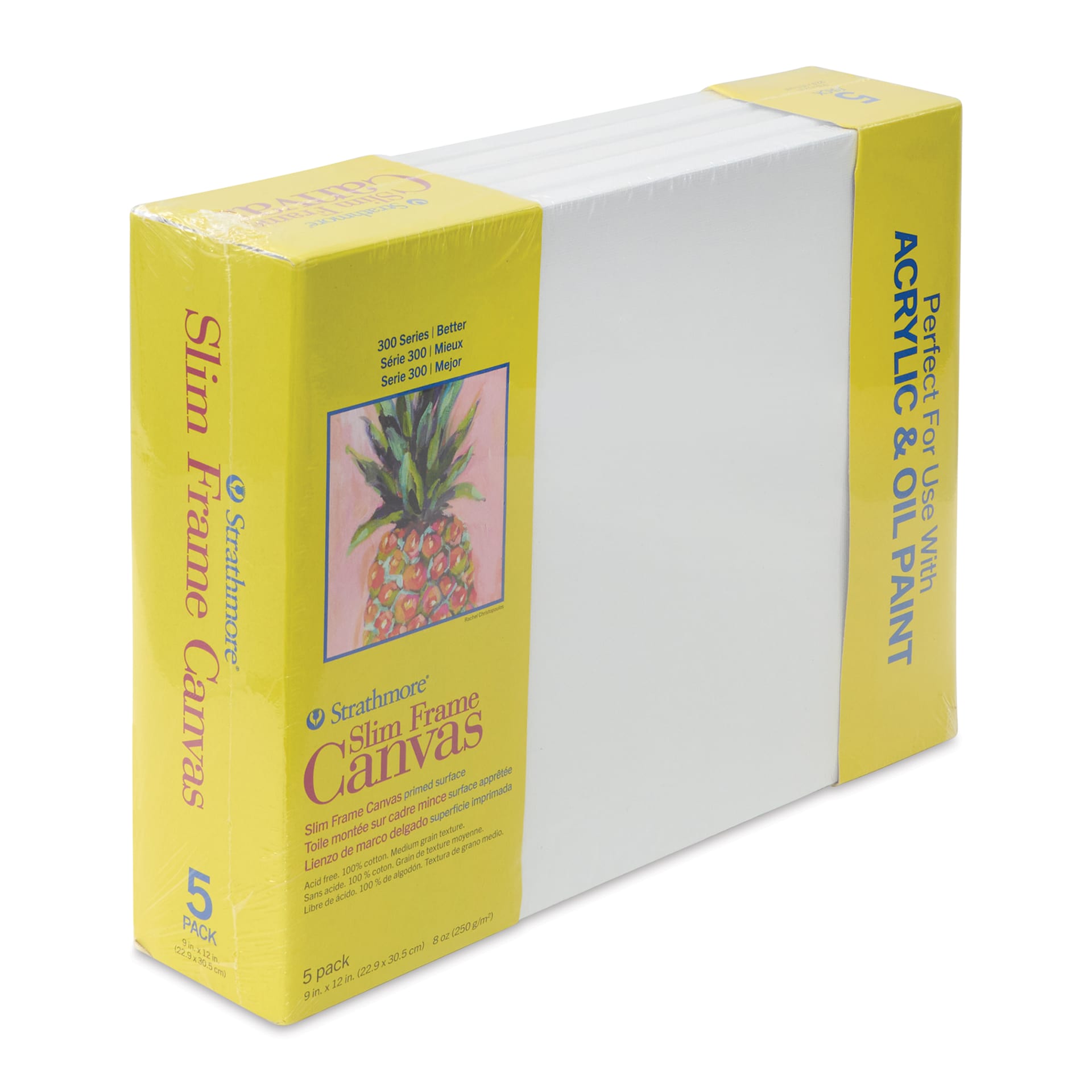 Strathmore 300 Series Slim Frame Stretched Cotton Canvas Pack - 9" x 12", Pkg of 5, at an angle Strathmore 300 Series Slim Frame Stretched Cotton Canvas Pack - 9" x 12", Pkg of 5, at an angle