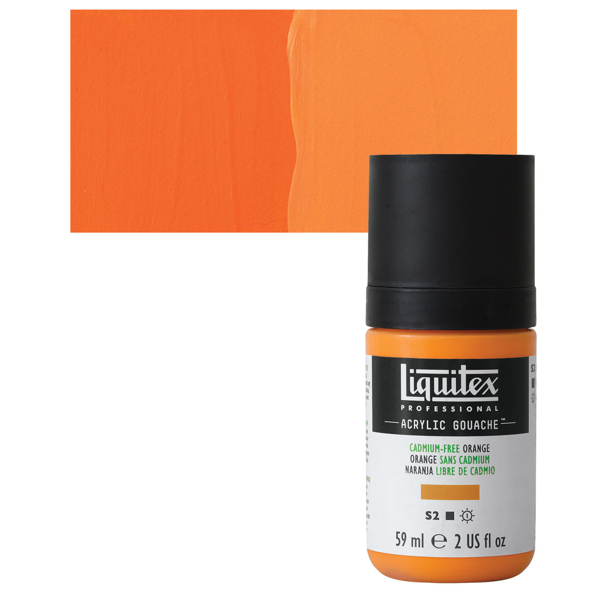 Liquitex Acrylic Gouache - Cadmium Free Orange, 59 ml bottle and swatch