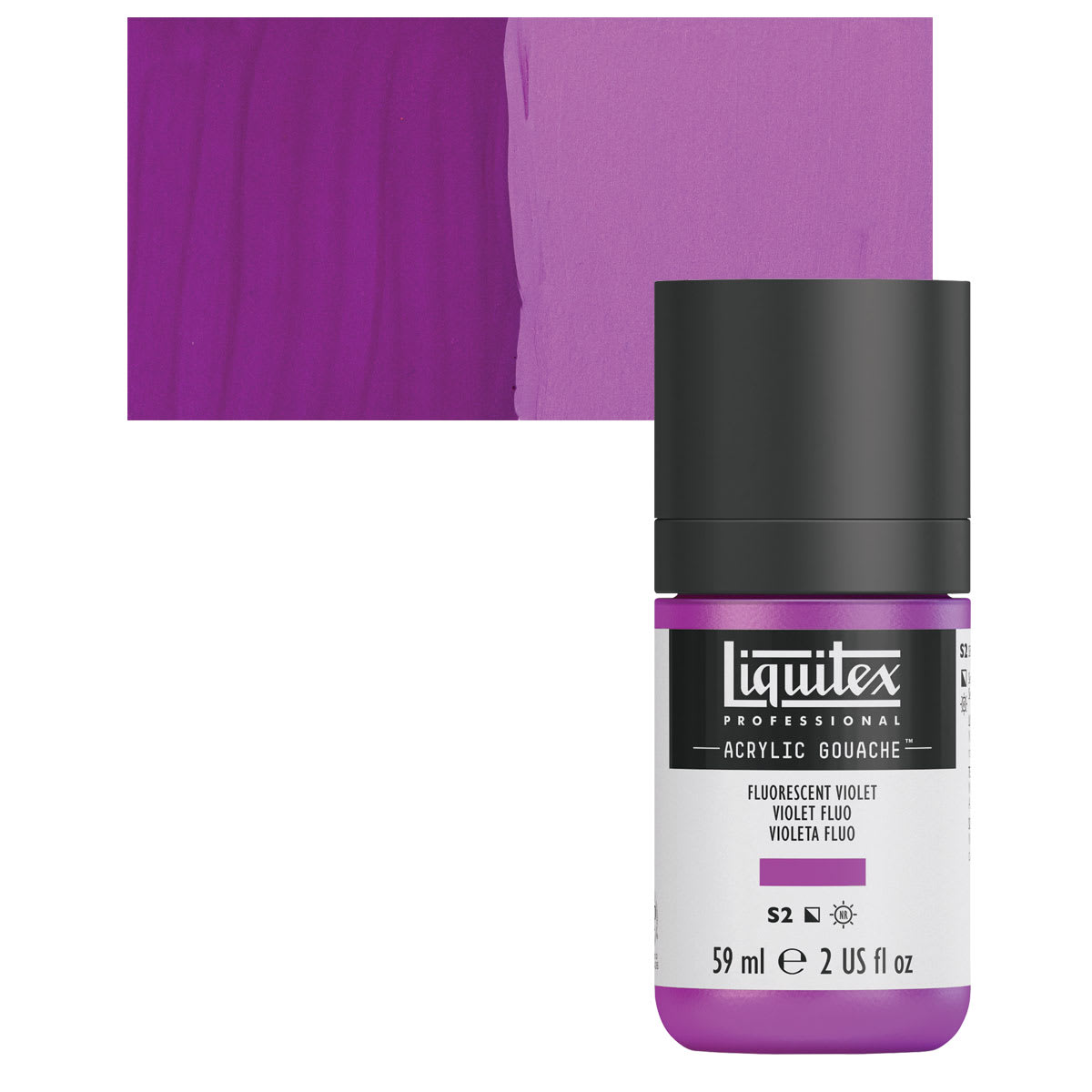 Liquitex Acrylic Gouache - Fluorescent Violet, 59 ml bottle and swatch