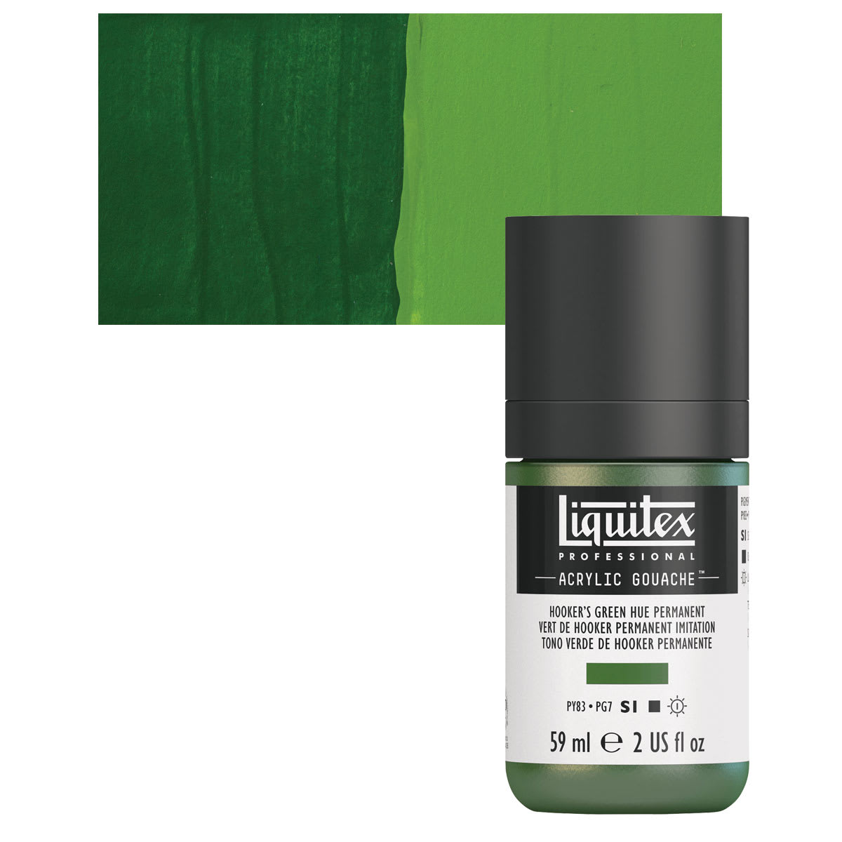 Liquitex Acrylic Gouache - Hooker's Green Hue Permanent, 59 ml bottle and swatch