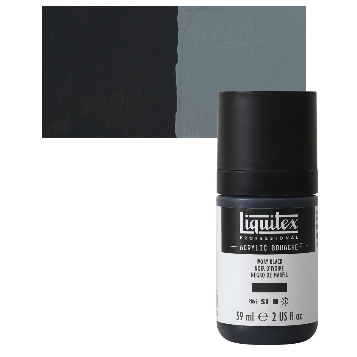 Liquitex Acrylic Gouache - Ivory Black, 59 ml bottle and swatch