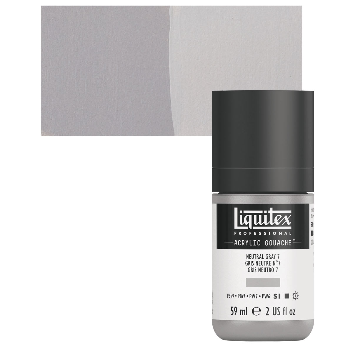 Liquitex Acrylic Gouache - Neutral Gray 7, 59 ml bottle and swatch
